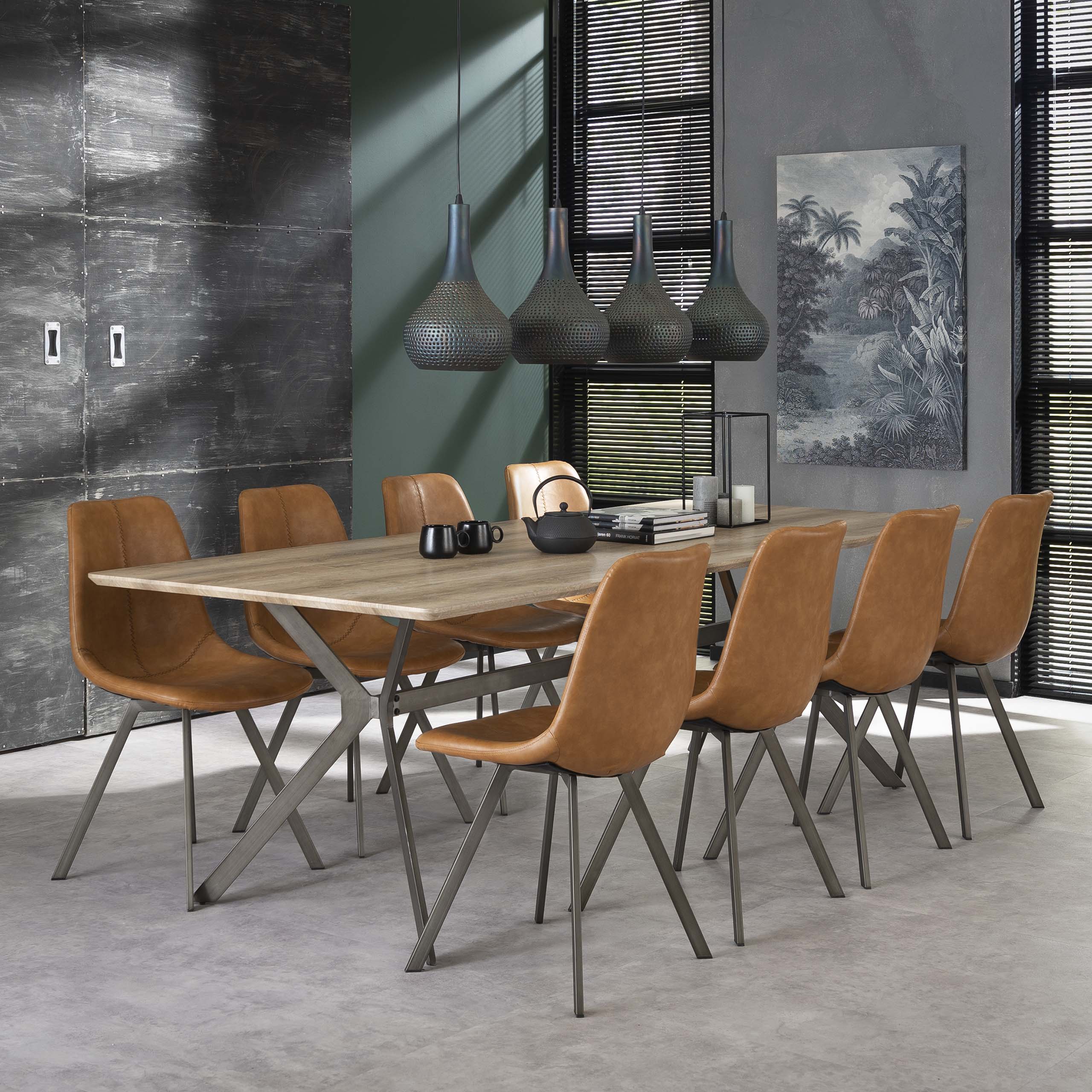 Silla con estructura plana en zig-zag. VPE4 / Sillín PU piel de vacuno marrón