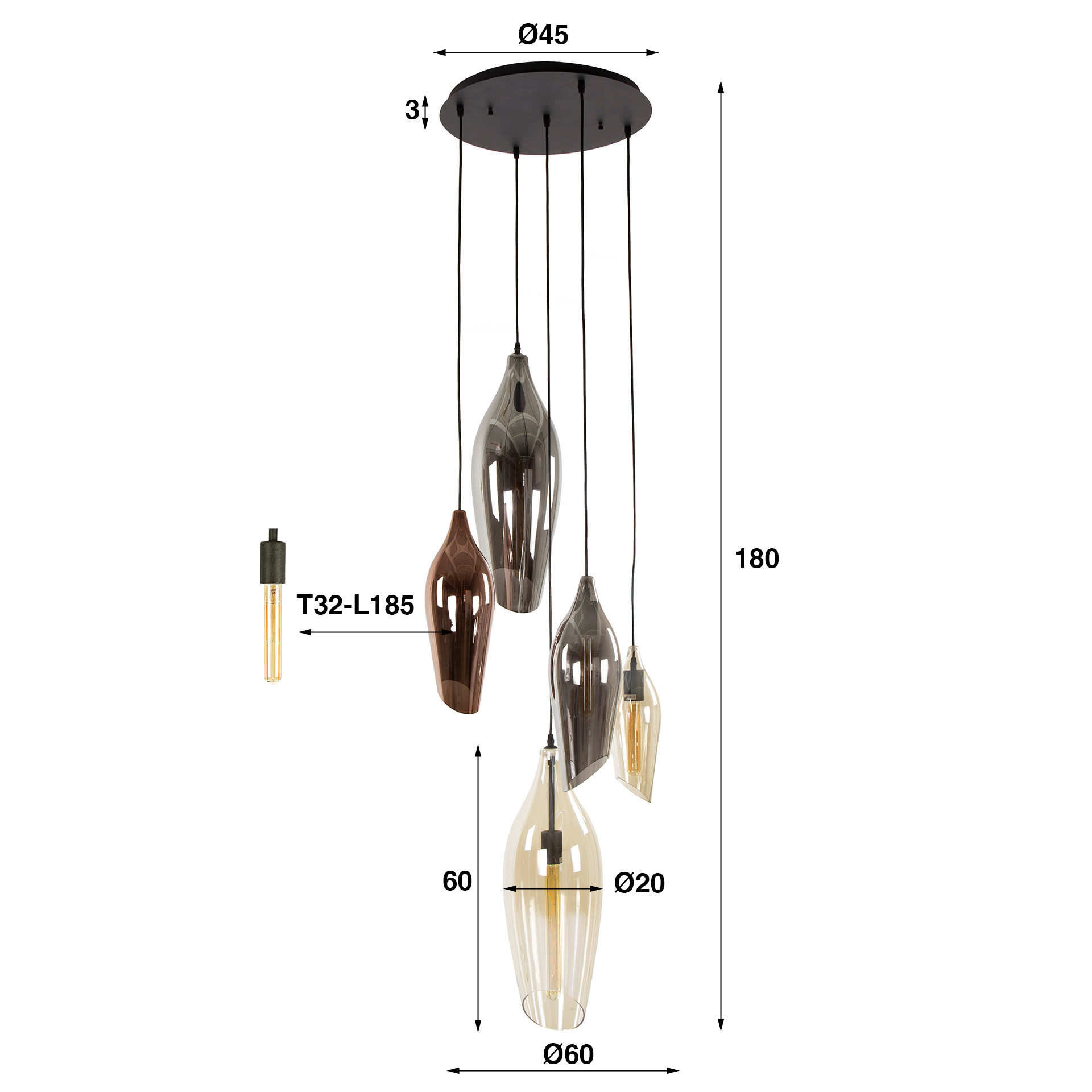 Lámpara colgante 5L escalonada cocoon mix cristal/ Negro