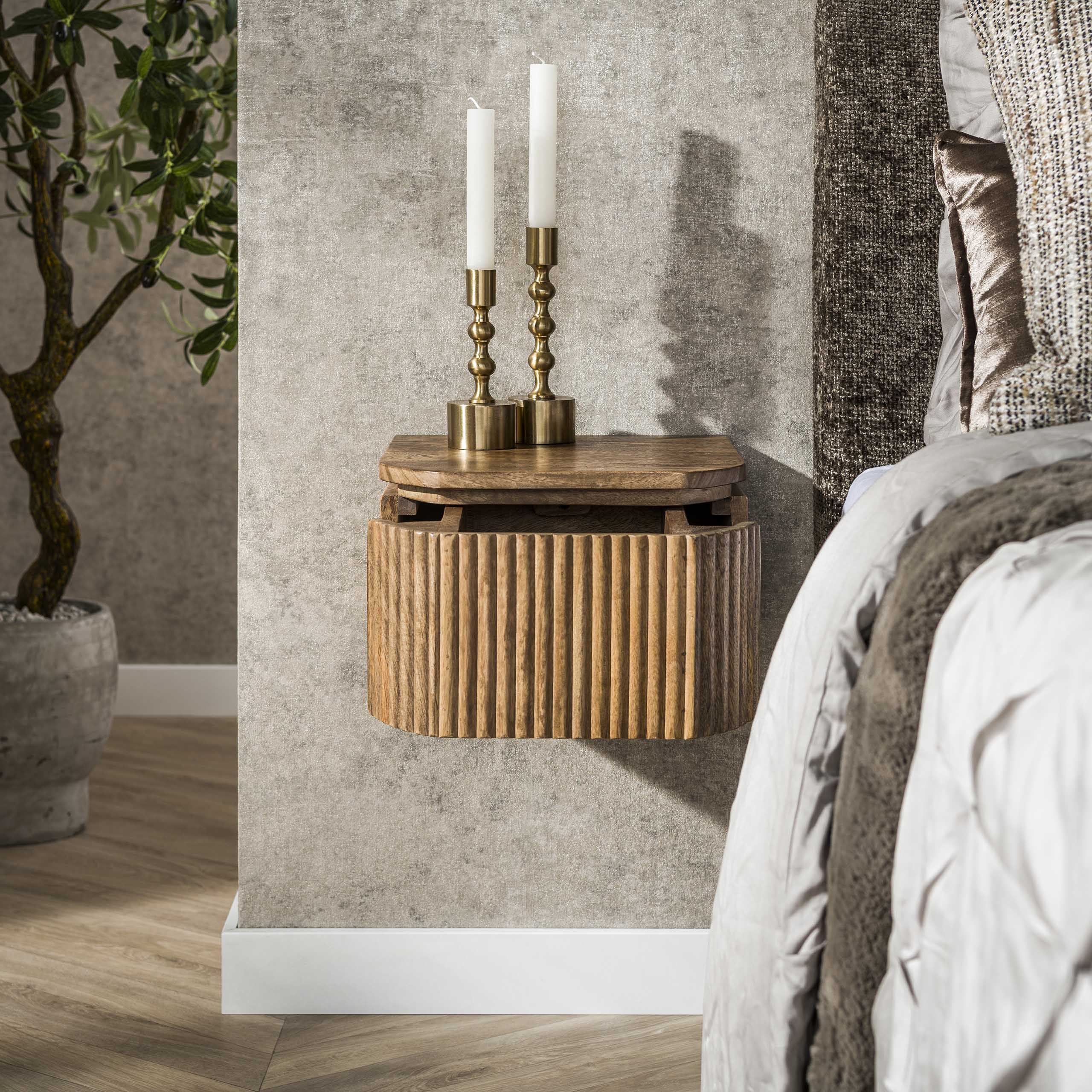 Bedside table Wave XS floating 1 drawer - Solid mango sand color
