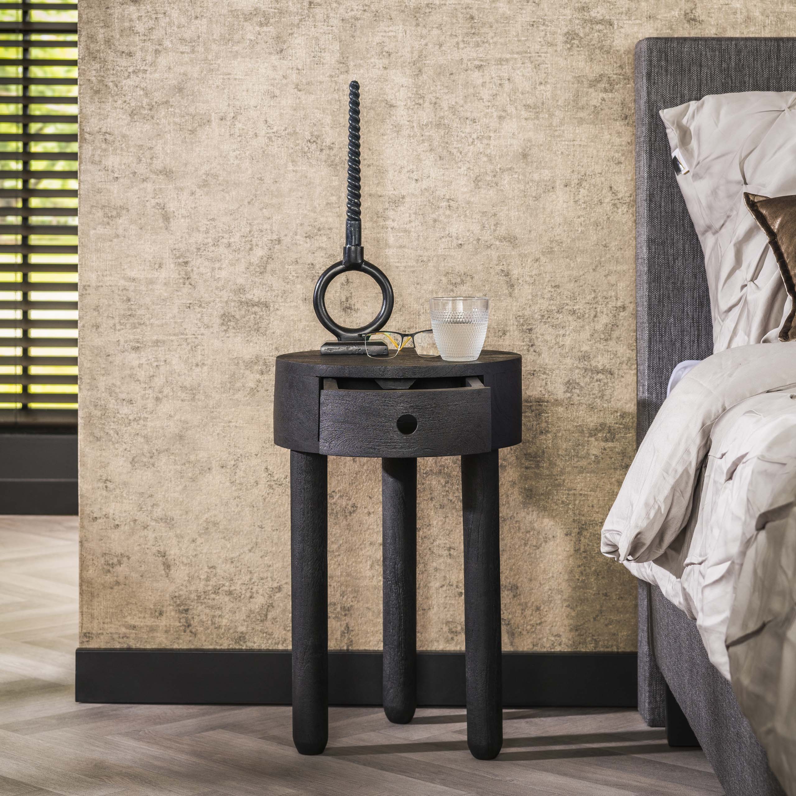 Bedside table Full Wood 1 drawer - Solid acacia black