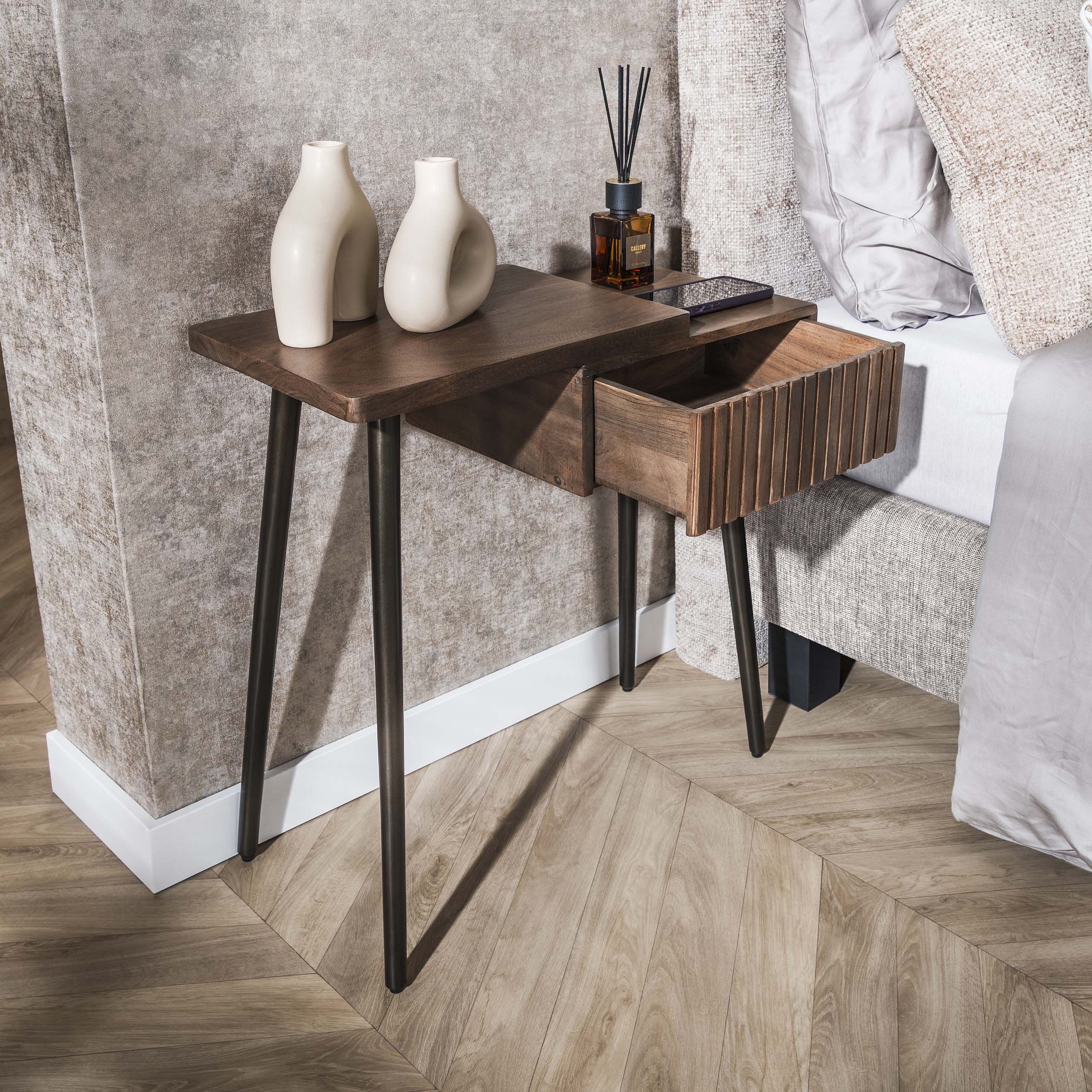 Bedside table Carve 1 drawer left - Solid acacia brown