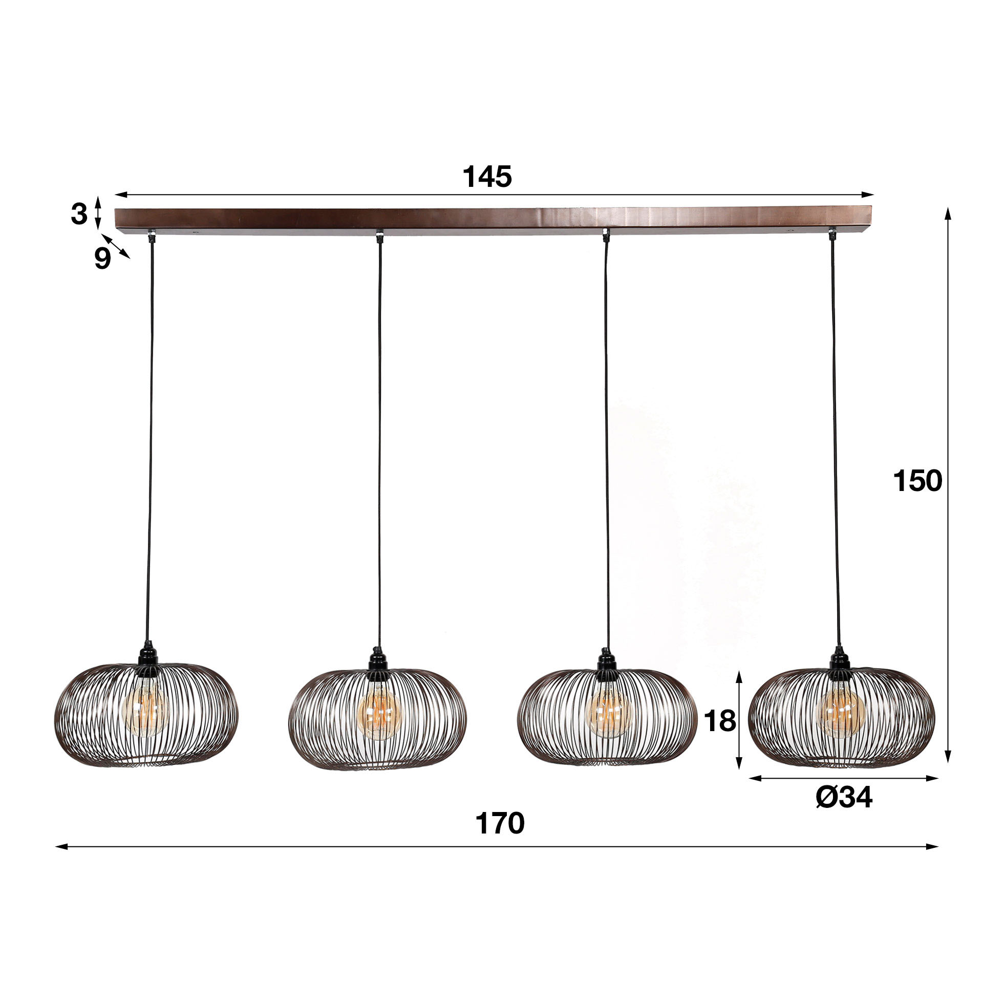 Hanging lamp 4x Ø35 disk wire copper twist / Black nickel