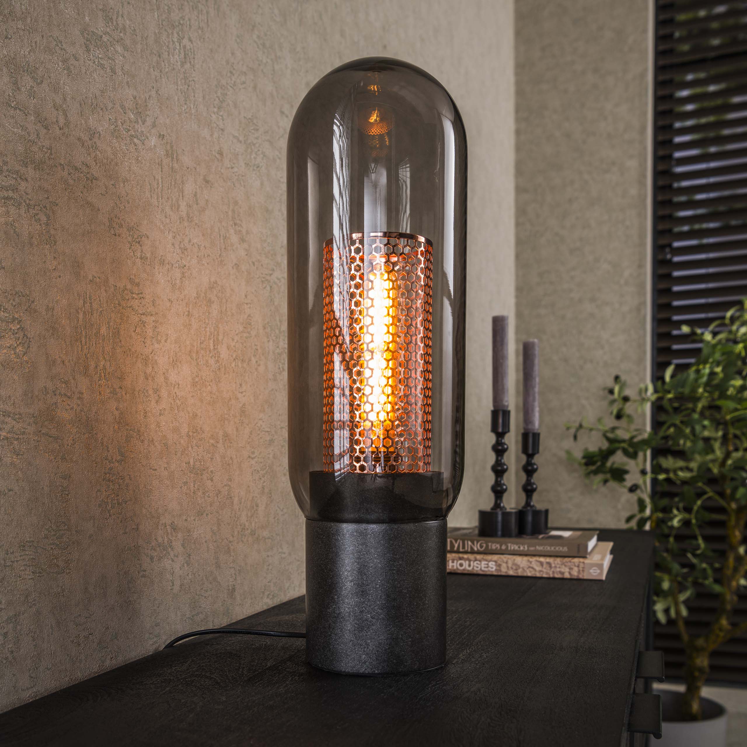 Table lamp smoke glass-perforated steel / Artic black