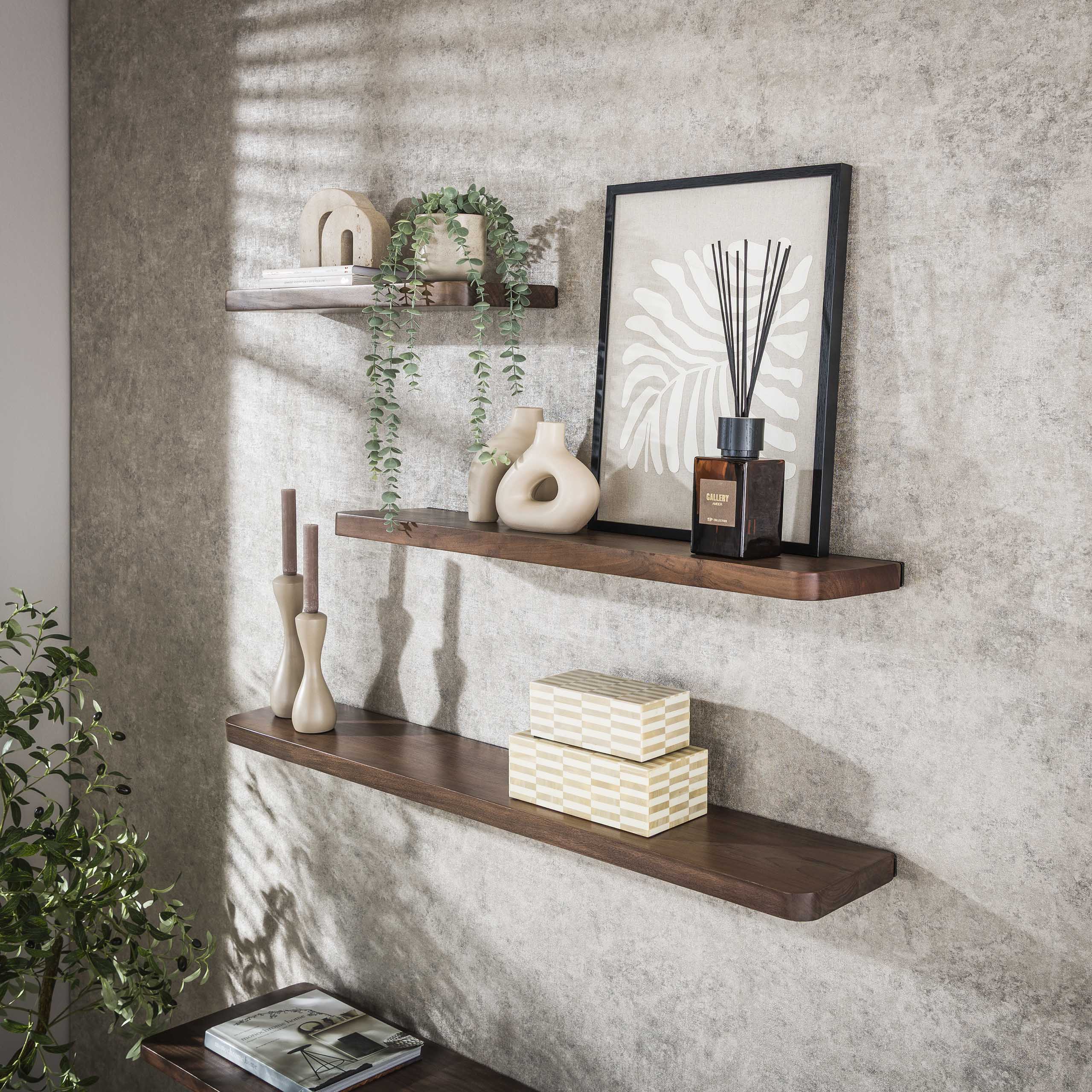 Wall shelf Carve 90 cm - Solid acacia brown