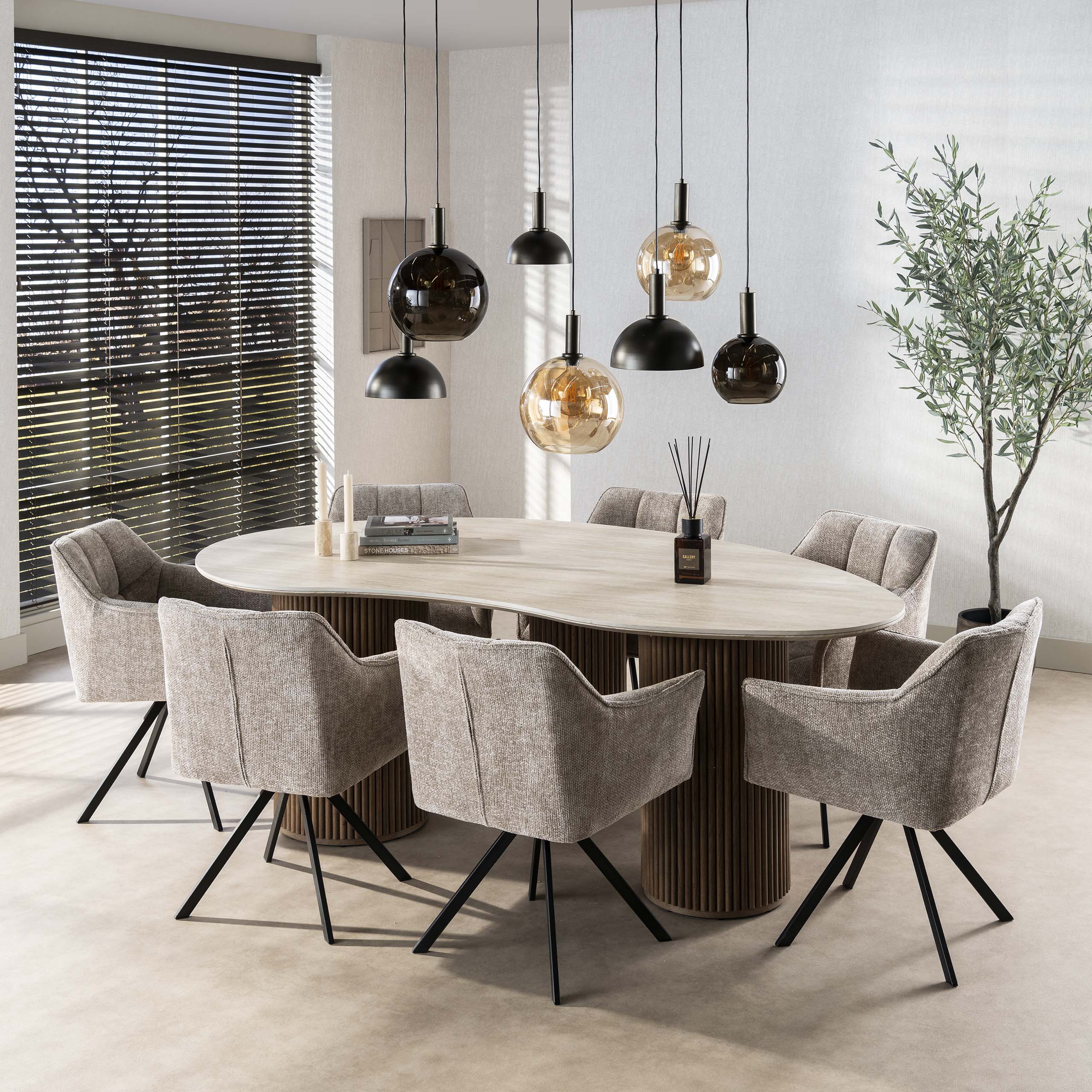 Mesa de comedor Romano en forma de riñon 215 cm - travertino cerámico 3D