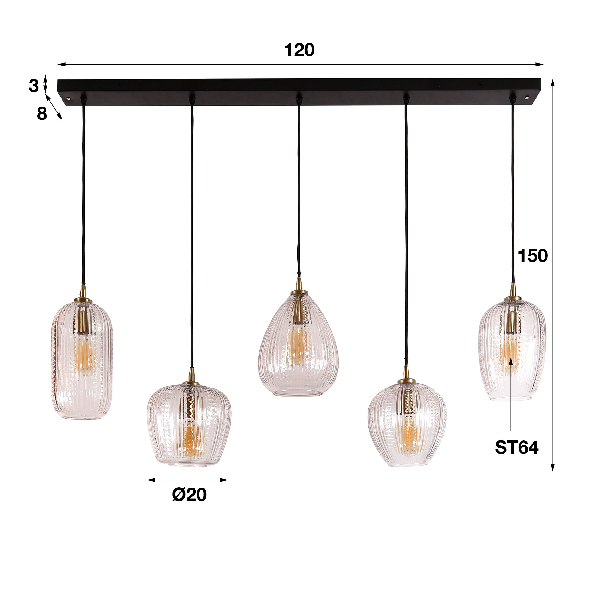 Lámpara colgante 5L mezcla grano diamante / Cristal diamante