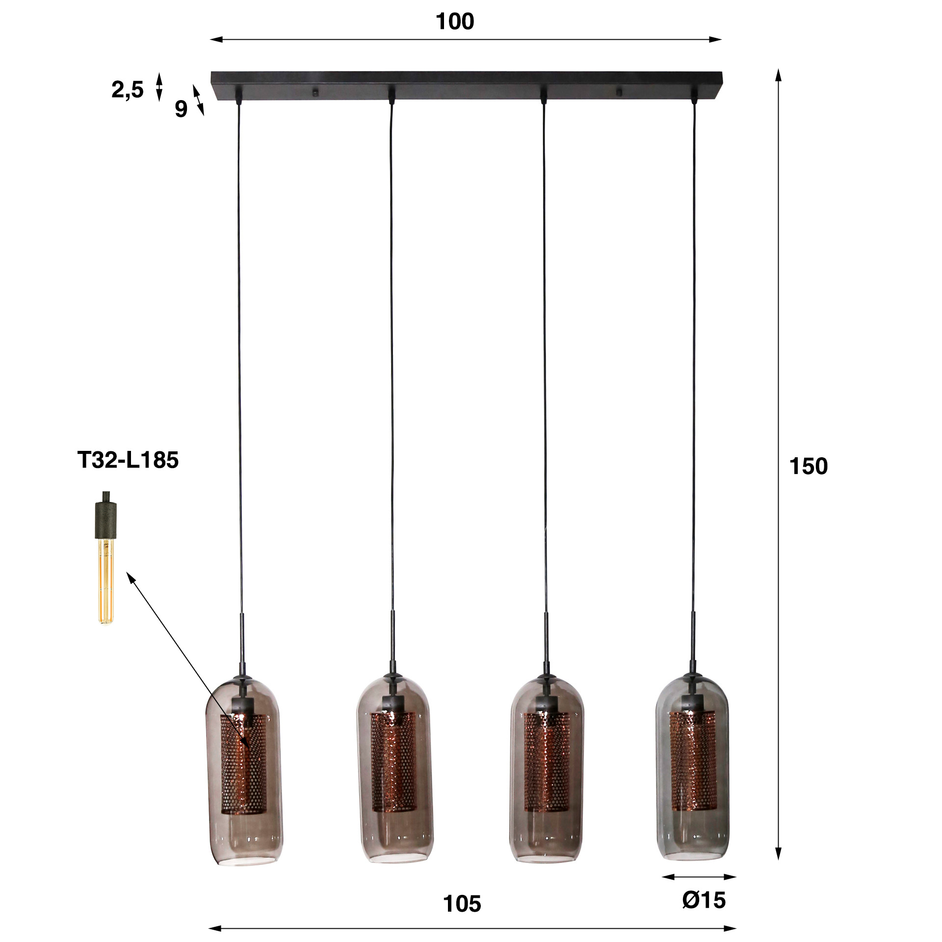 Hanging lamp 4L smoke glass-perforated steel / Artic black