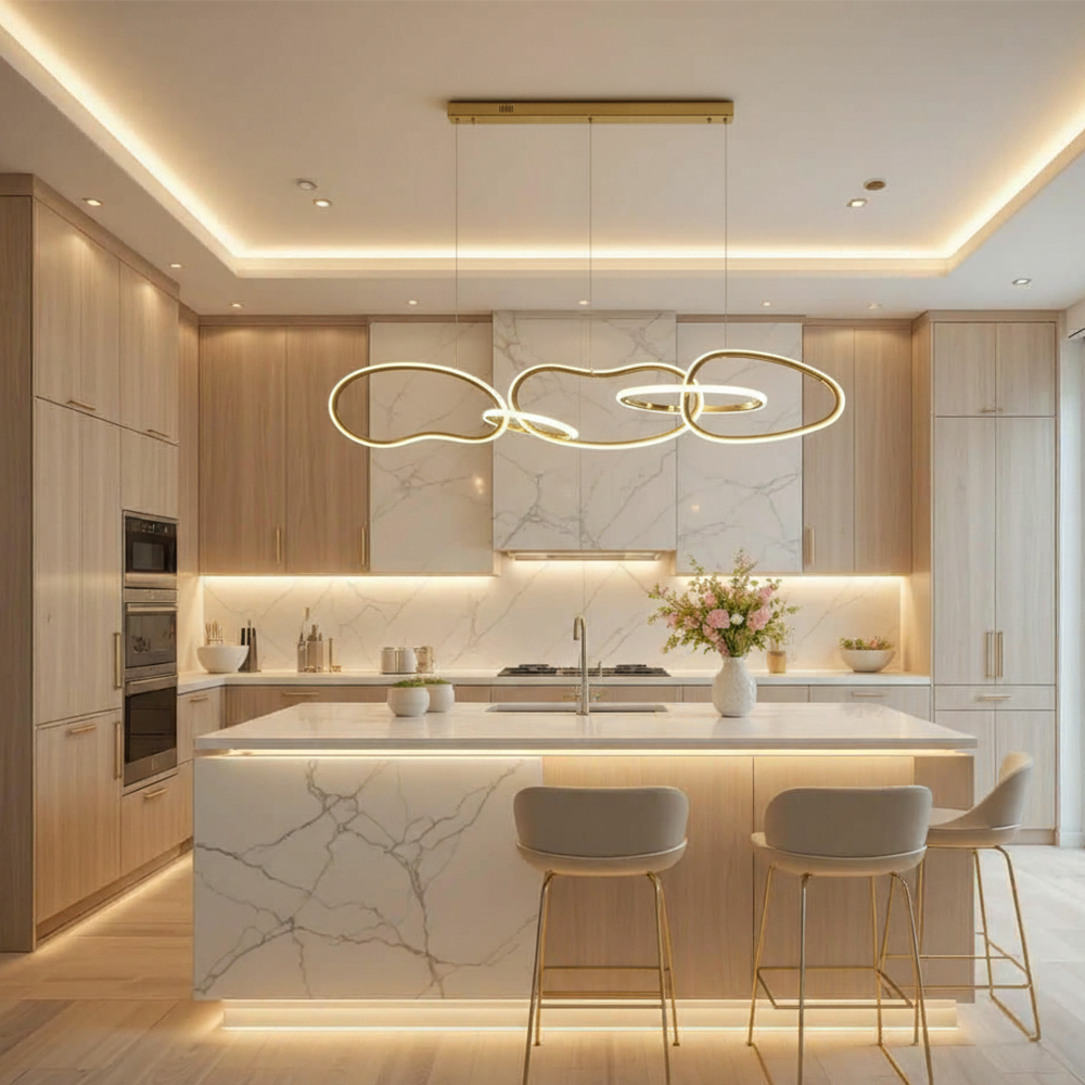 Lámpara colgante Aurora – Diseño 5 aros Oro 120 cm