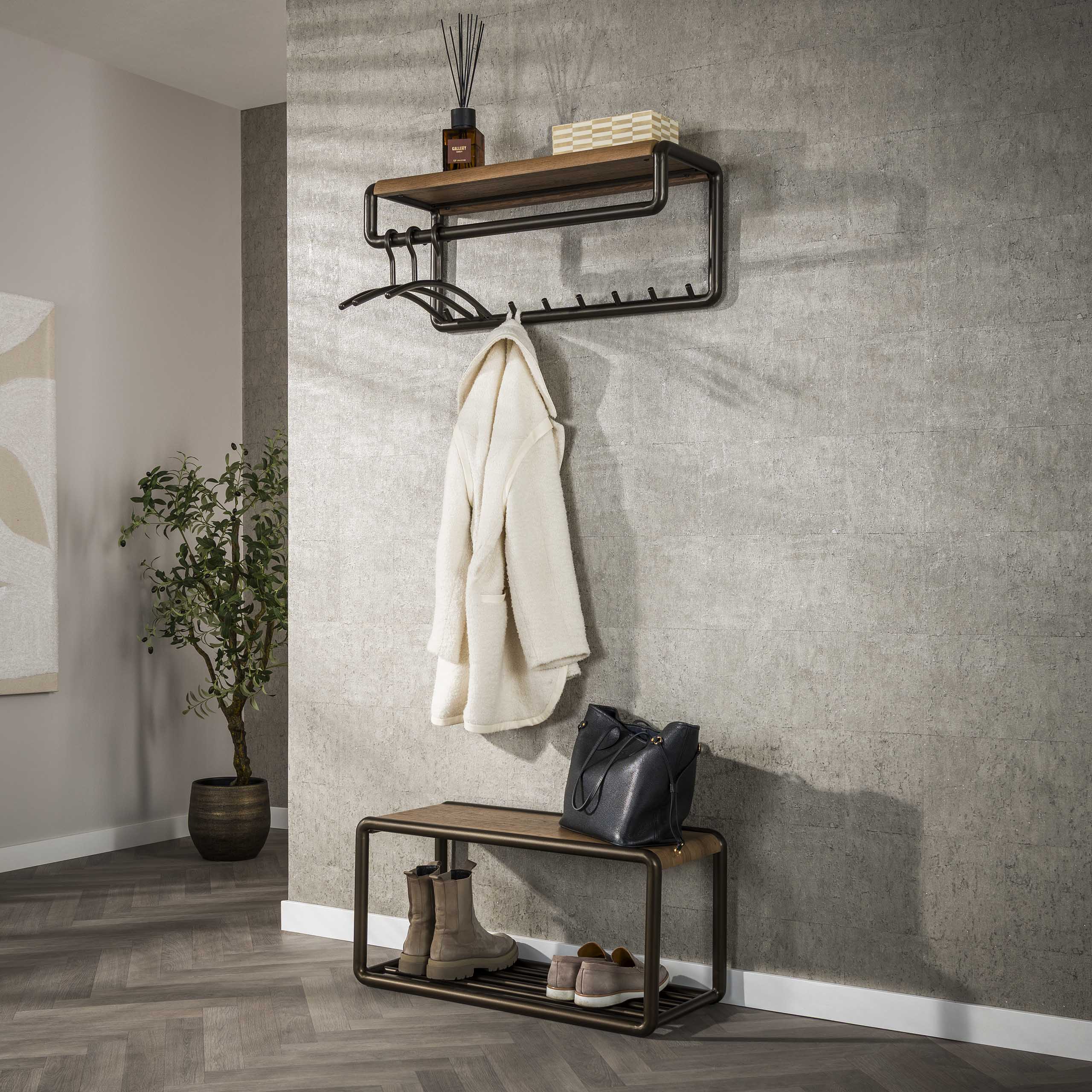 Coat rack Luno rod & hat shelf 8 hooks - Drift brown