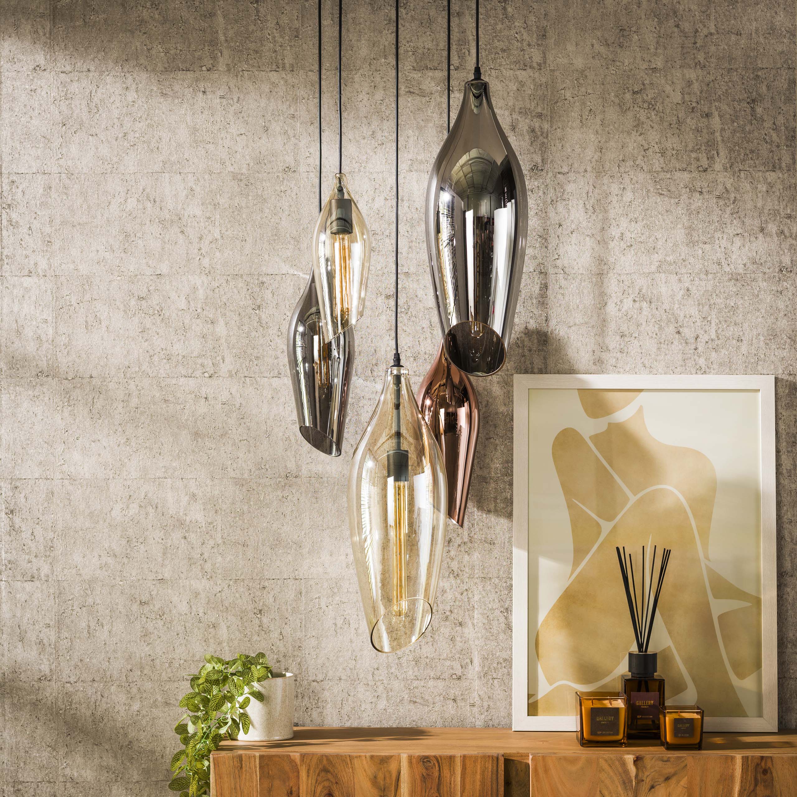Lámpara colgante 5L escalonada cocoon mix cristal/ Negro