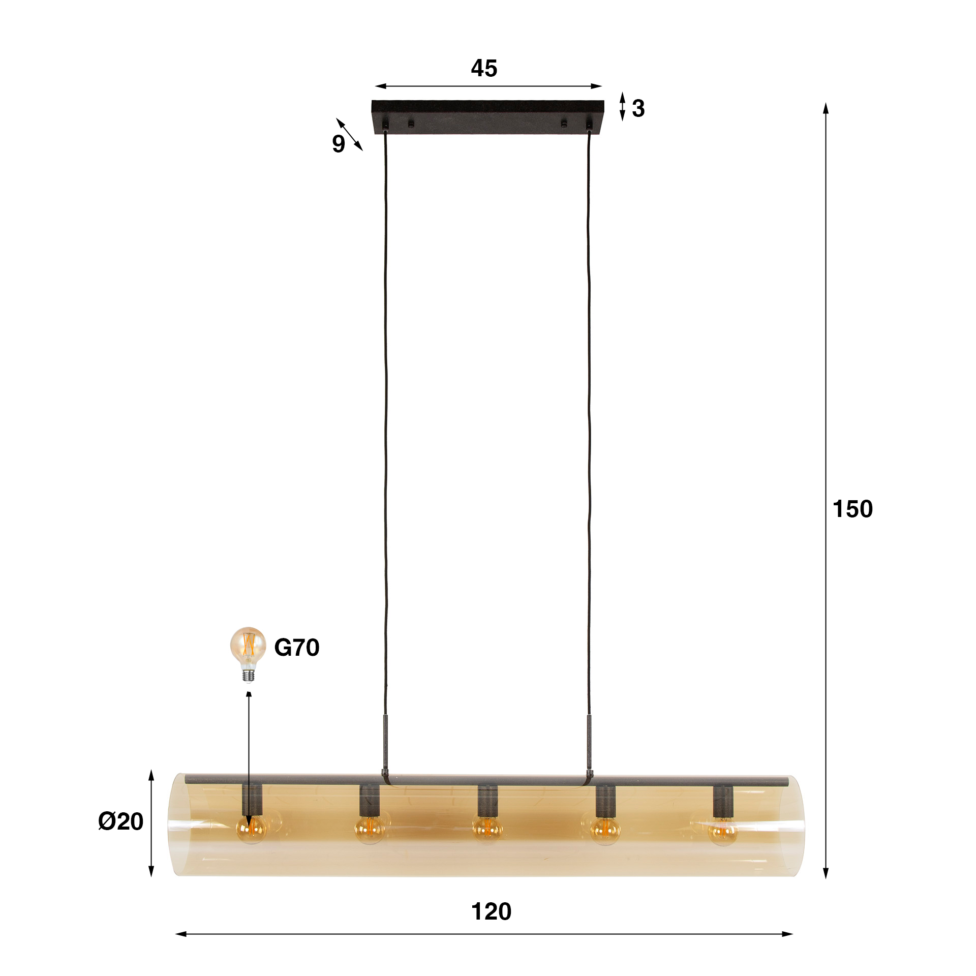 Hanging lamp 5L tube amber glass / Artic black