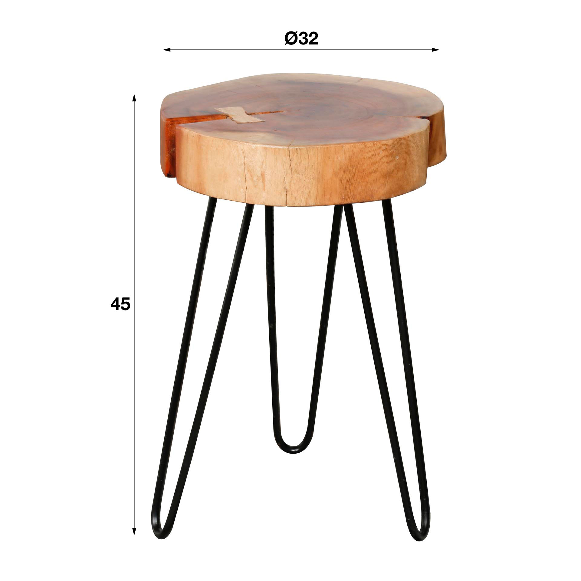 Side table trunk in 6cm thick solid acacia with steel frame. VPE2 / Solid acacia natural