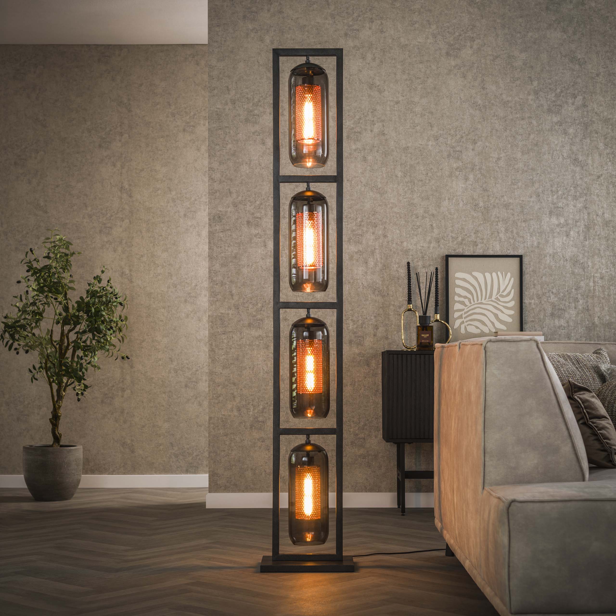 Floor lamp 4L tower smoke glass-perforated steel / Artic black