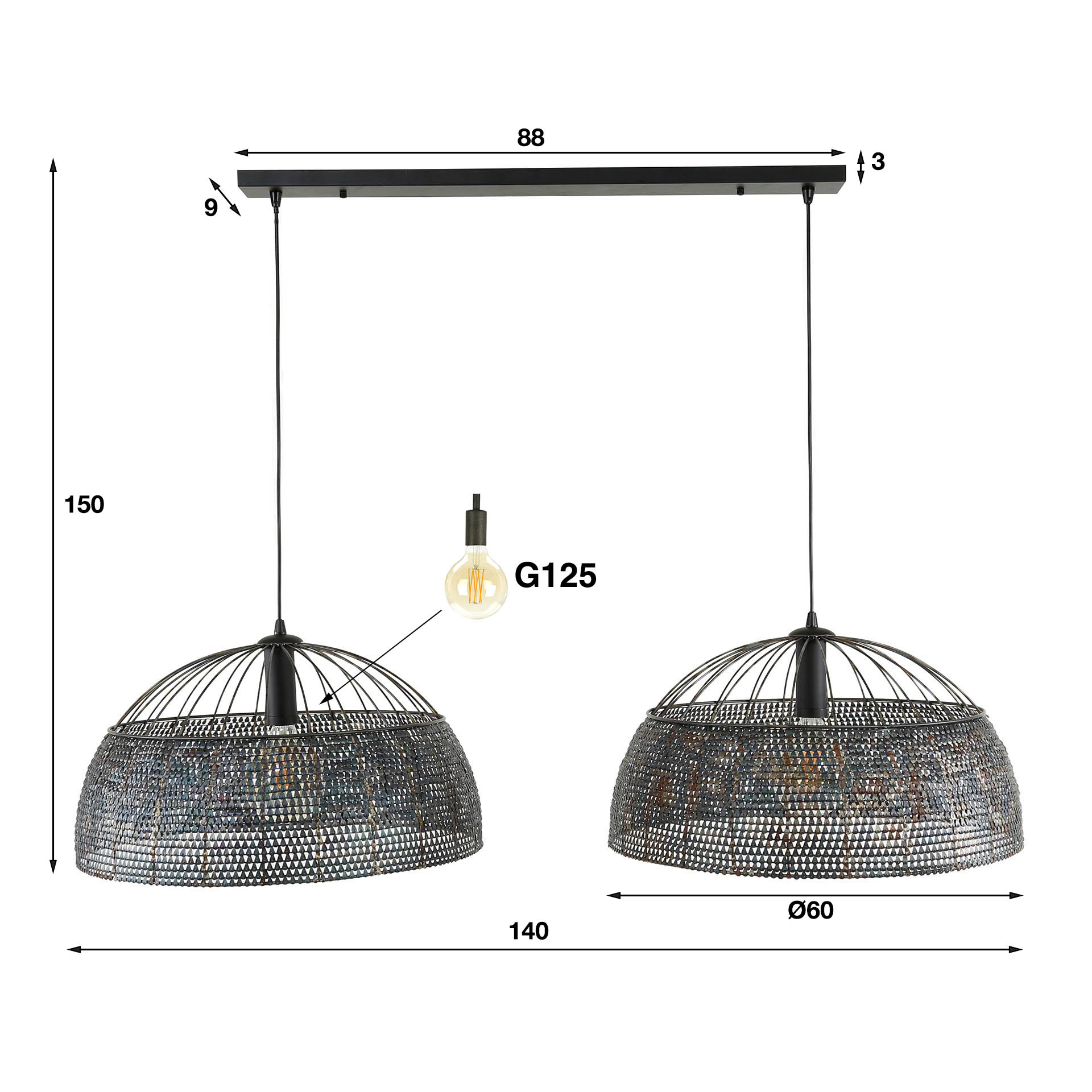 Hanging lamp Armor Open 2-light Ø60 - Black brown