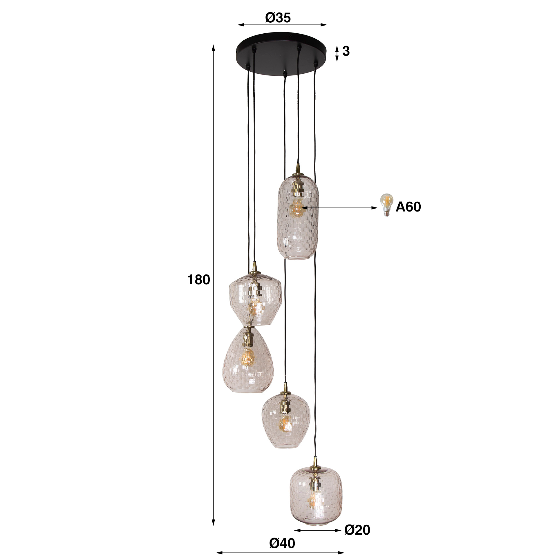Lámpara colgante 5L patrón parche escalonado / Cristal diamante