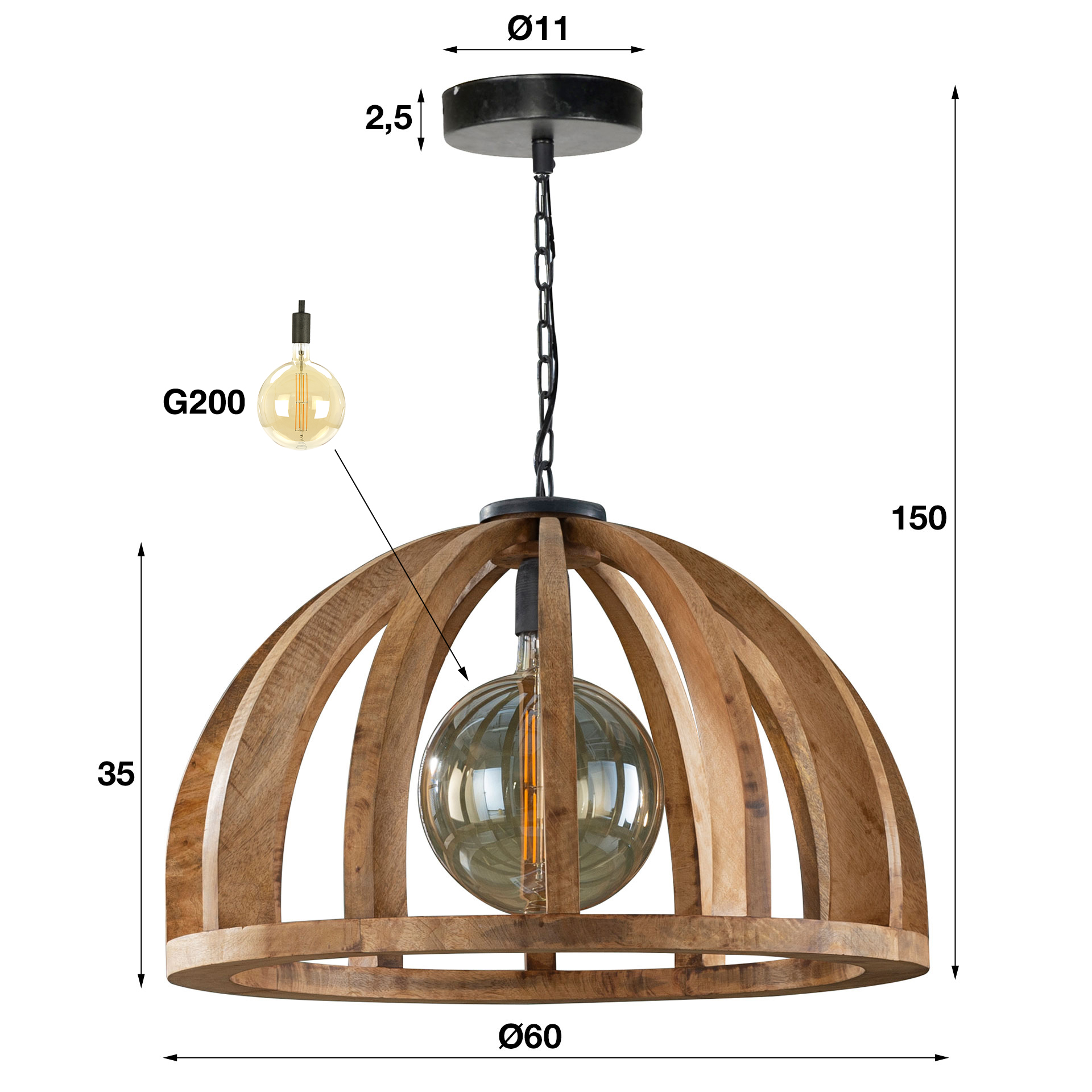 Hanging lamp Orba 1-light Ø60 cm - Solid mango