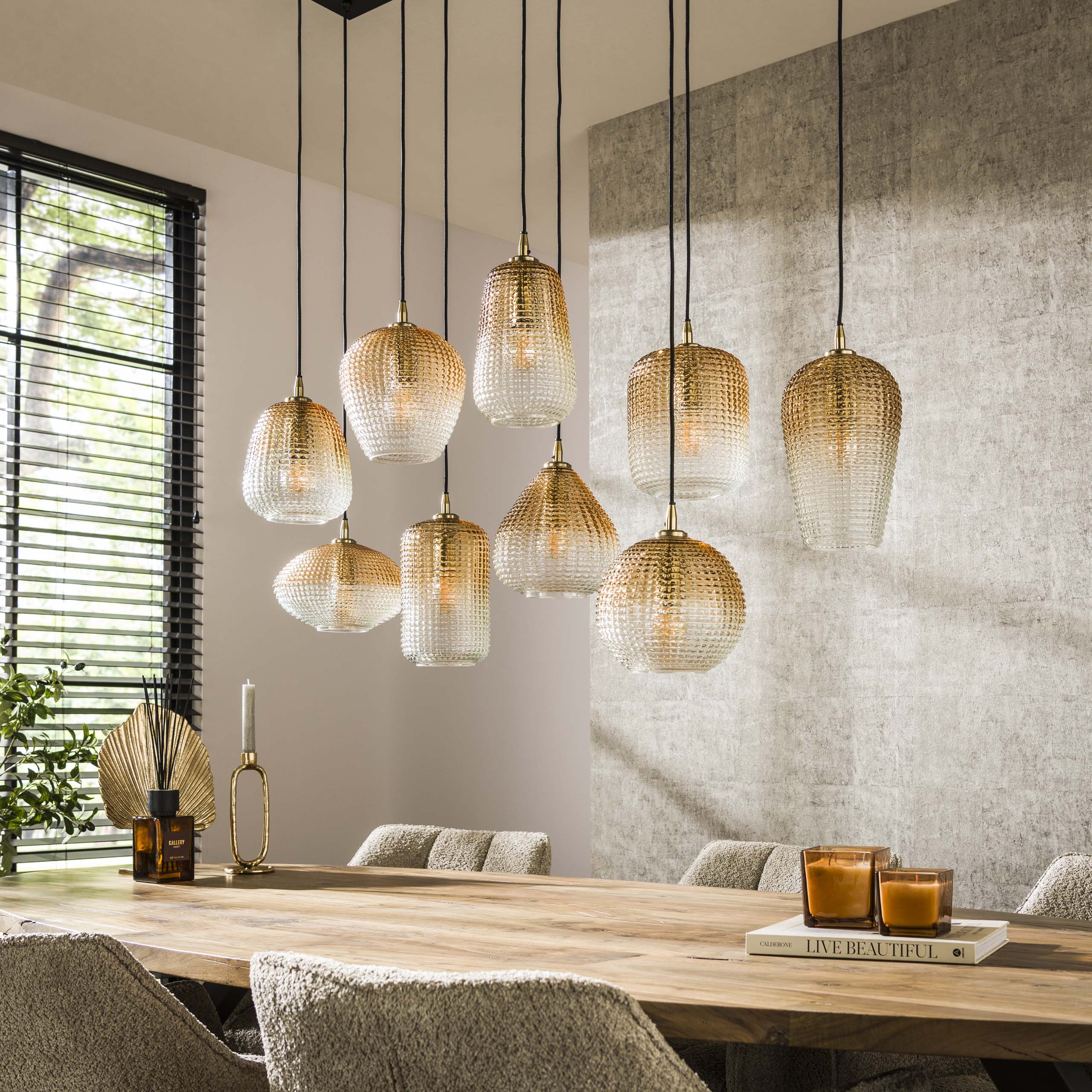 Hanging lamp 5+4 dot pattern / Amber-colored glass