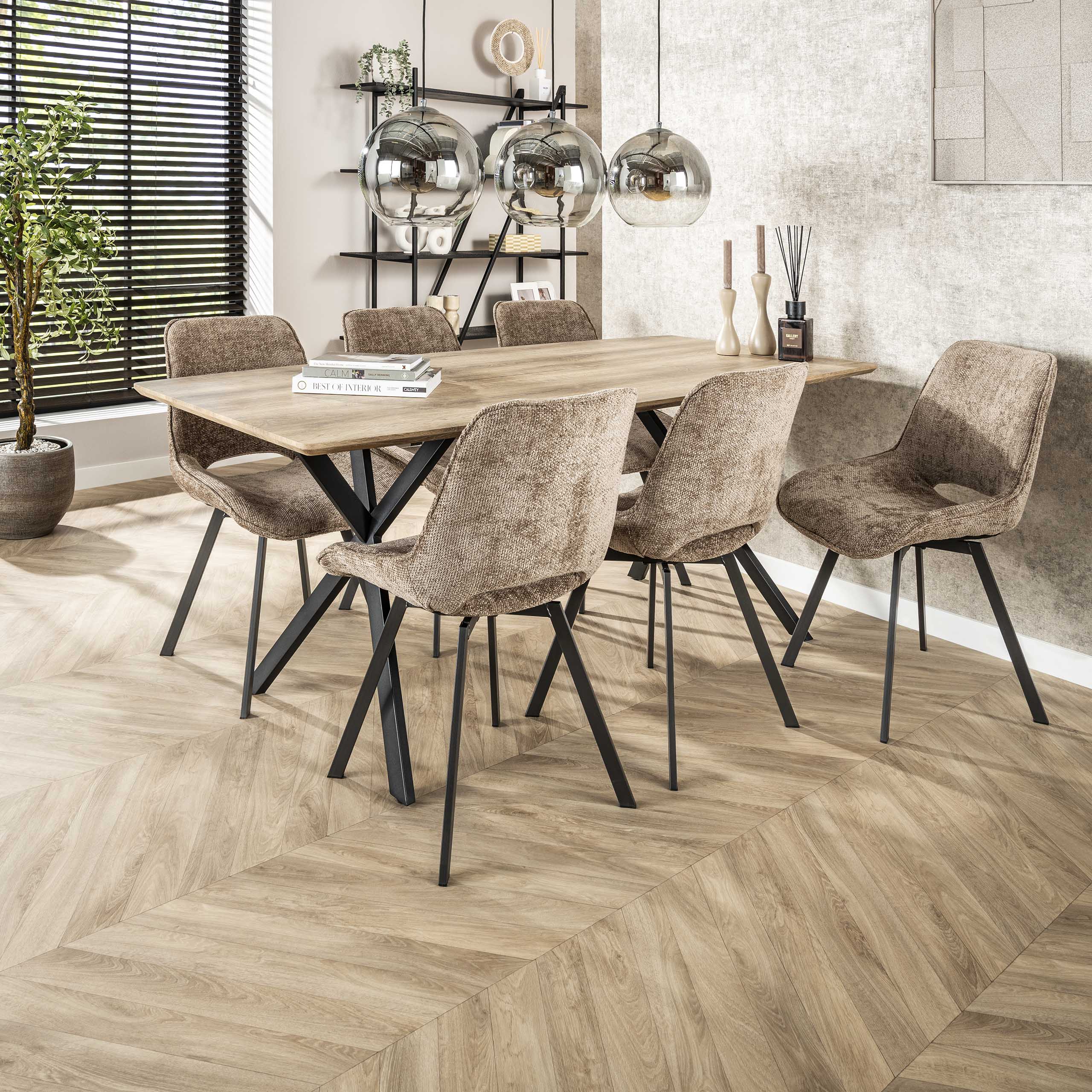 Mesa de comedor 190 tapa ovalada estructura con revestimiento de polvo negro / Roble 3D lavado antiguo