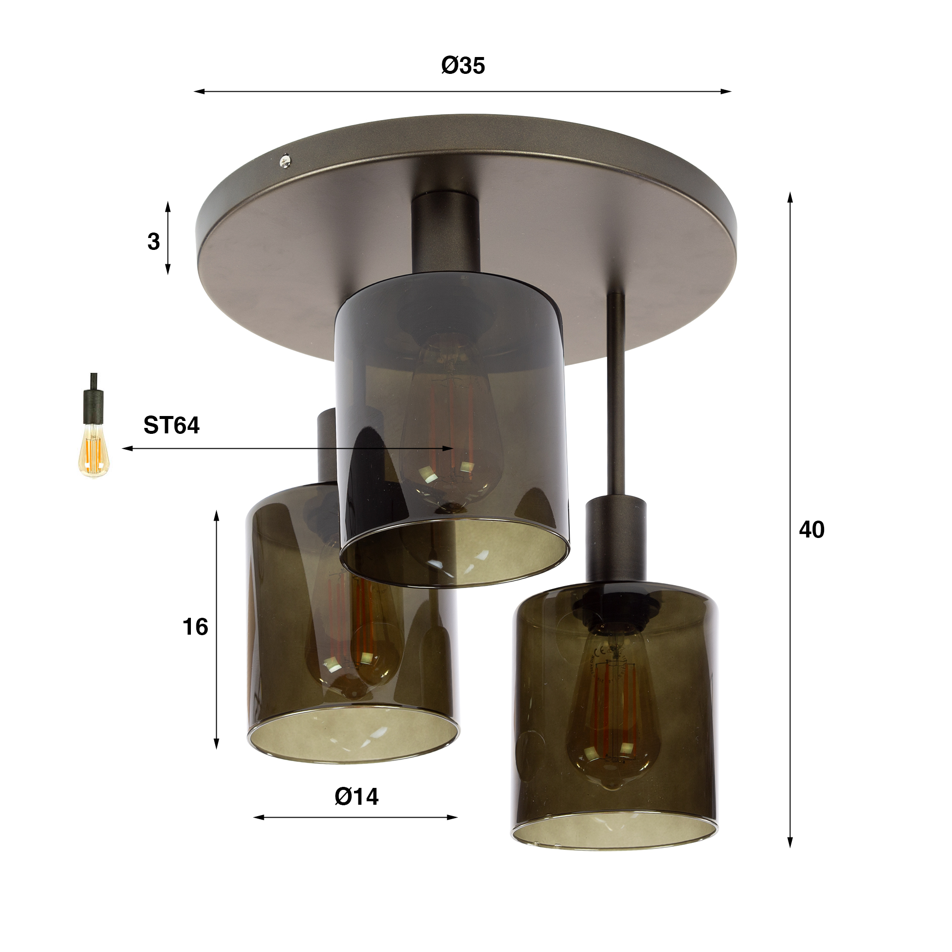 Ceiling lamp Sepiora 3-light - Sienna brown