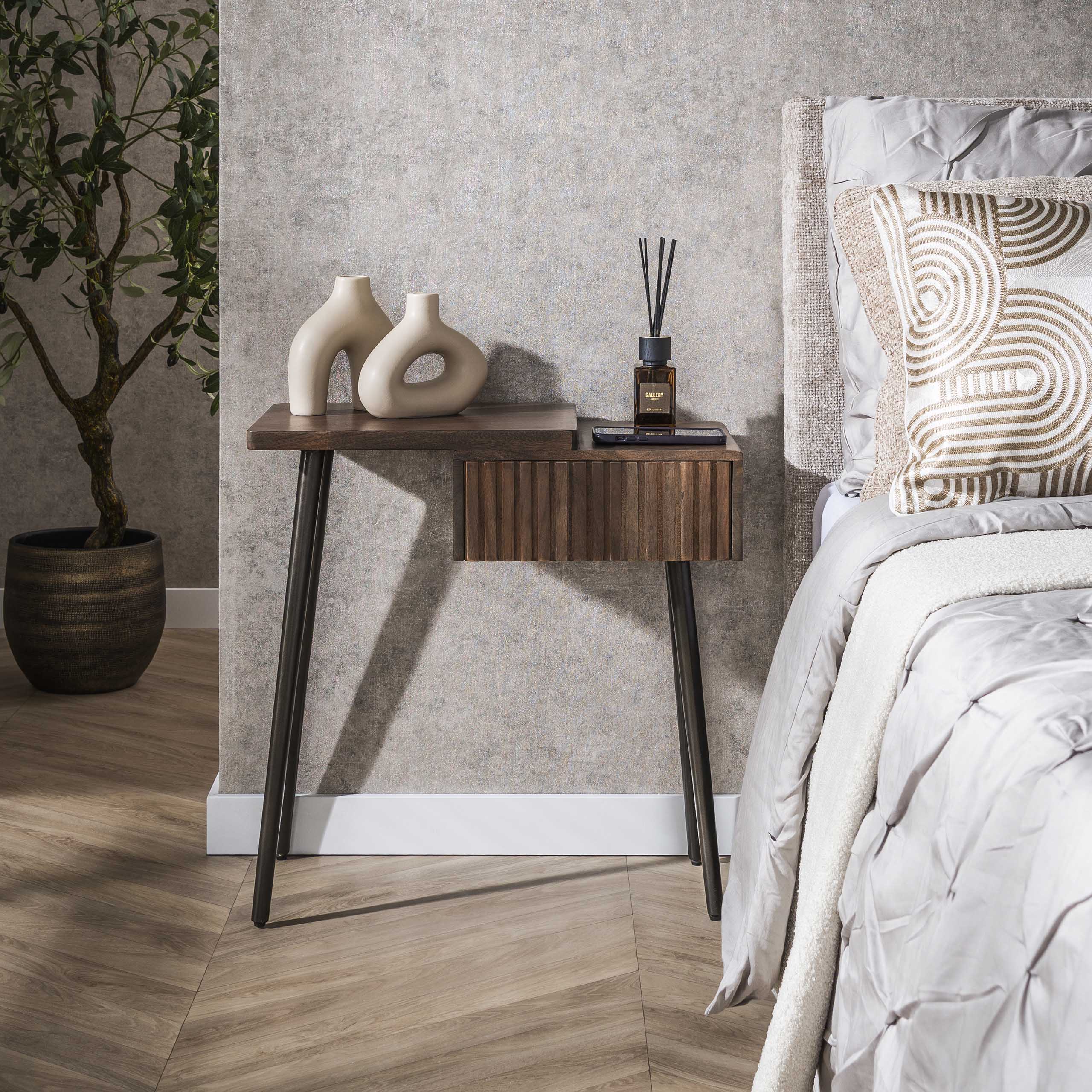 Bedside table Carve 1 drawer left - Solid acacia brown