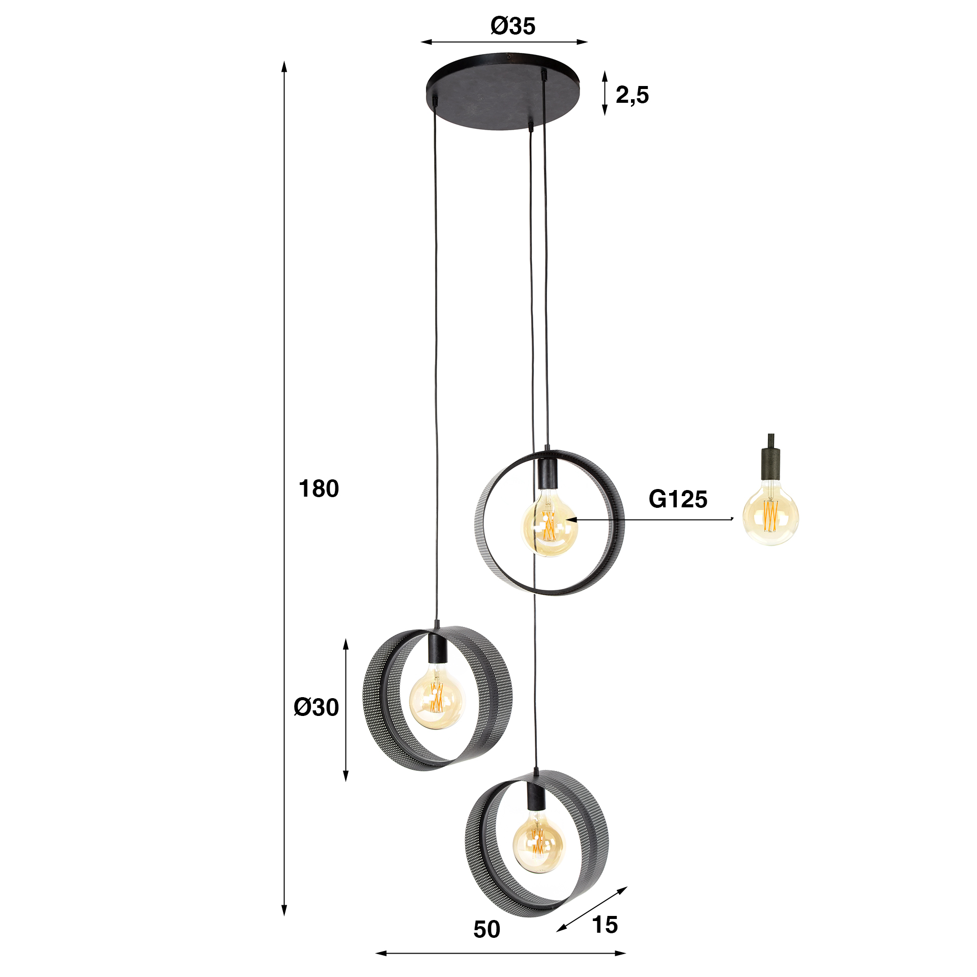 Hanging lamp Ring mesh stepped 3-light - Charcoal