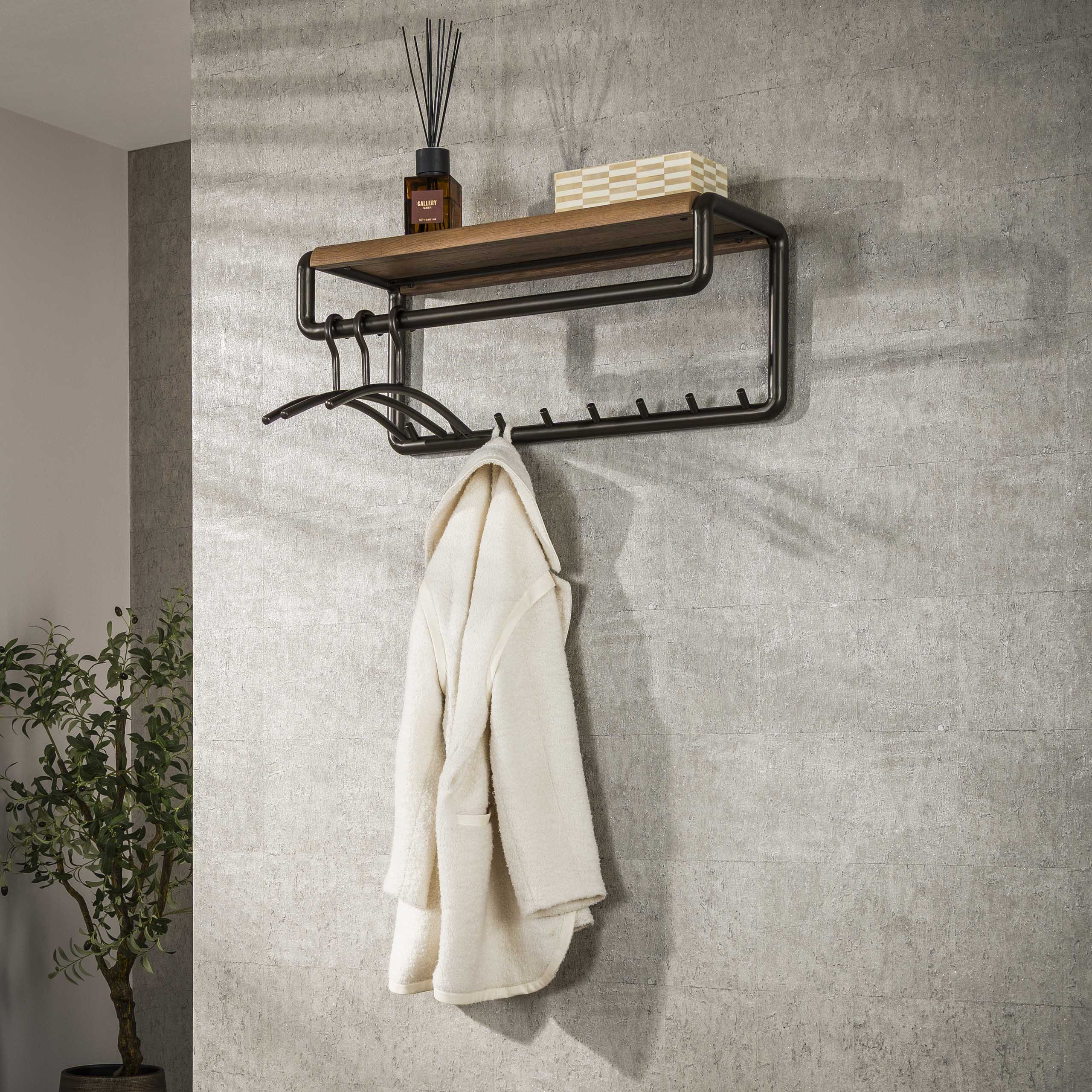 Coat rack Luno rod & hat shelf 8 hooks - Drift brown
