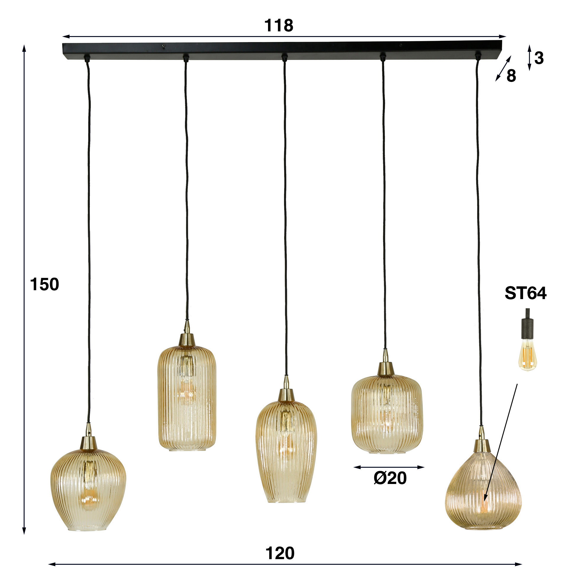 Hanging lamp Stripe 5-light - amber glass