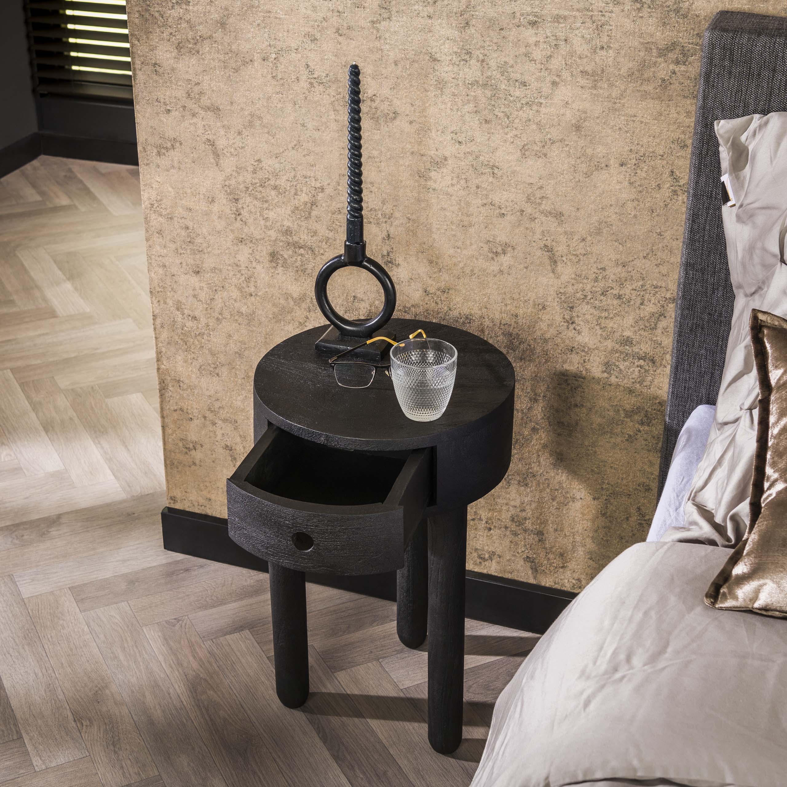 Bedside table Full Wood 1 drawer - Solid acacia black