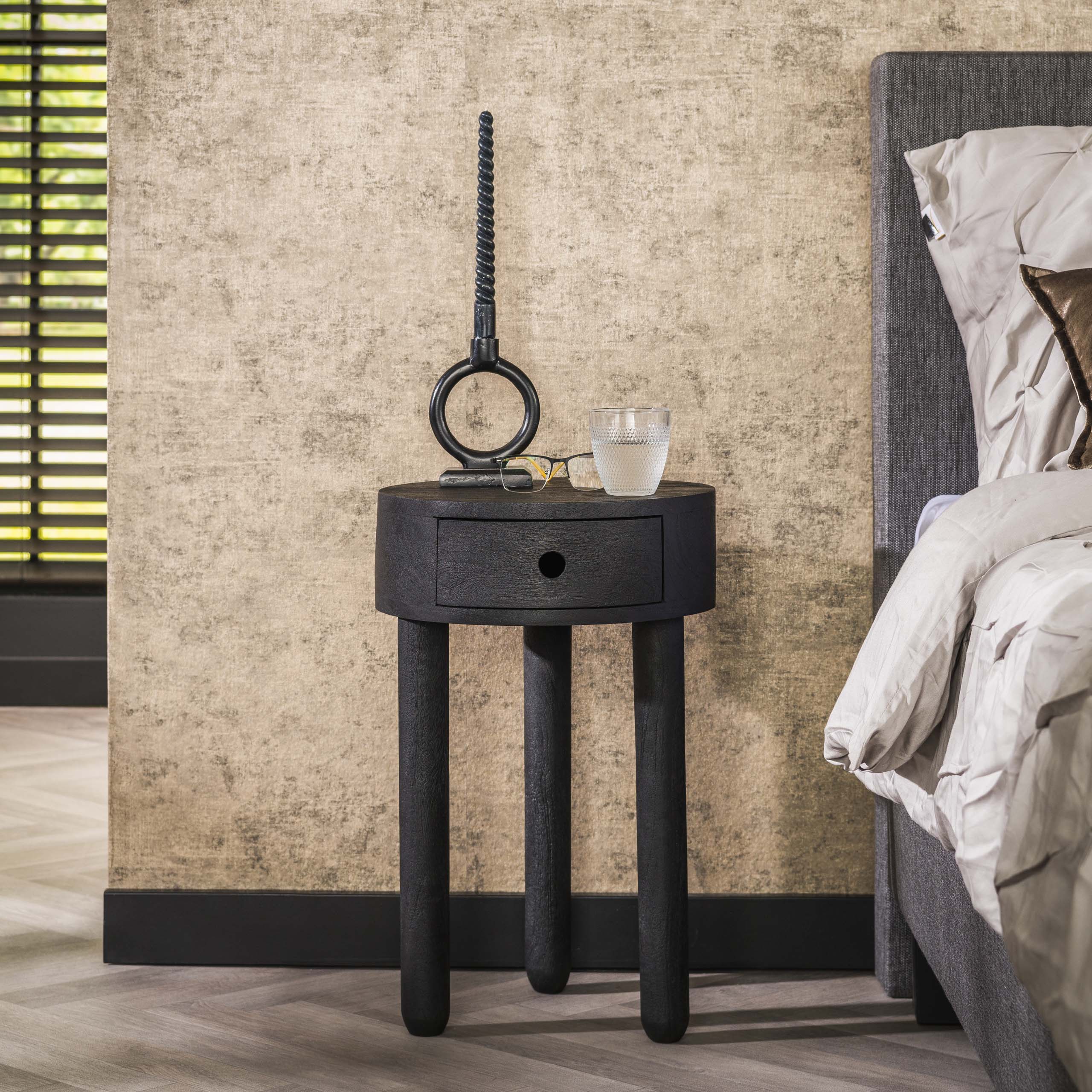 Bedside table Full Wood 1 drawer - Solid acacia black