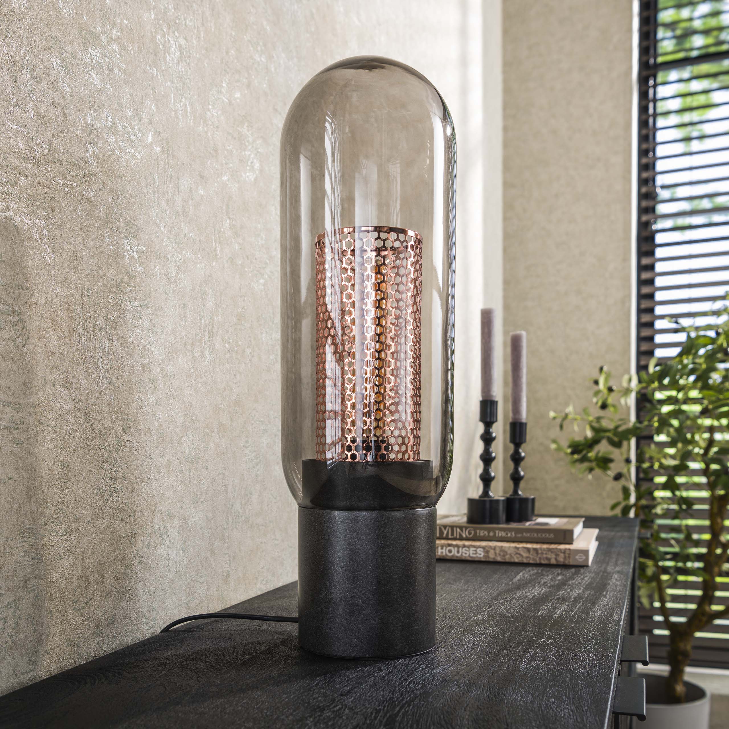 Table lamp smoke glass-perforated steel / Artic black