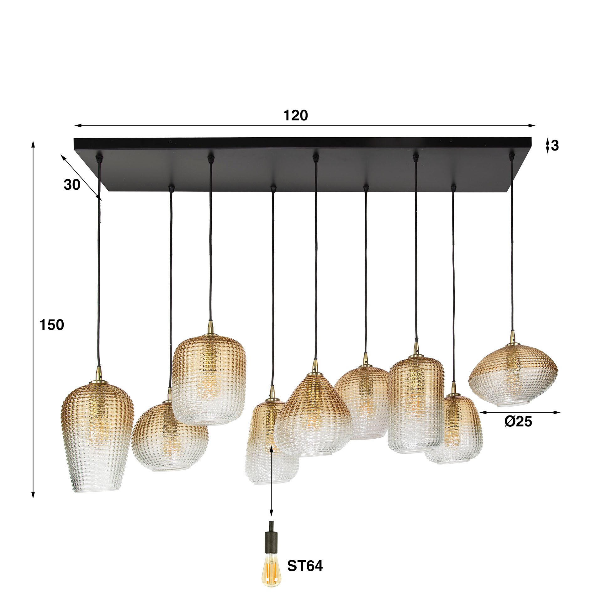 Hanging lamp 5+4 dot pattern / Amber-colored glass