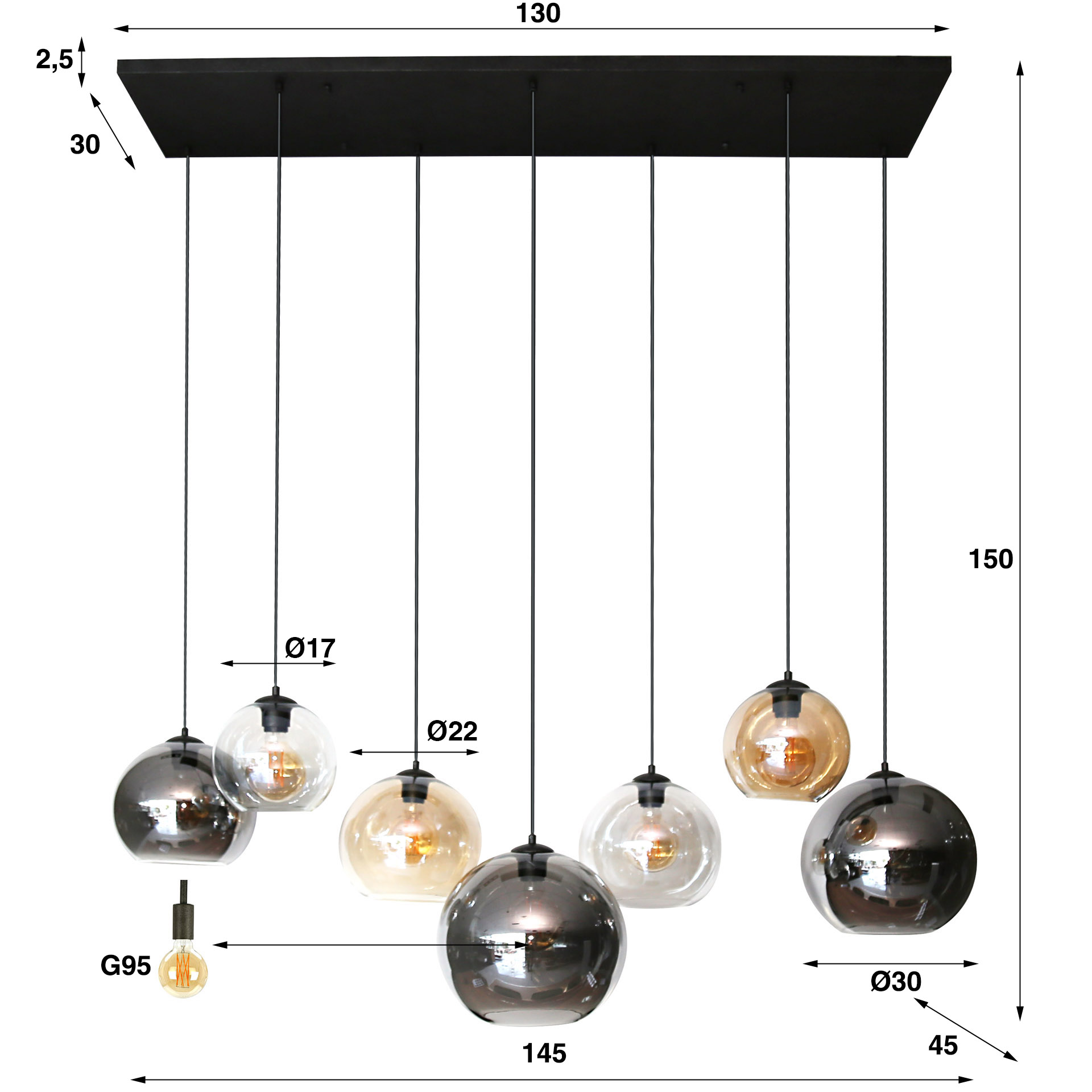 Hanging lamp 4+3 multi globe XL / Artic black
