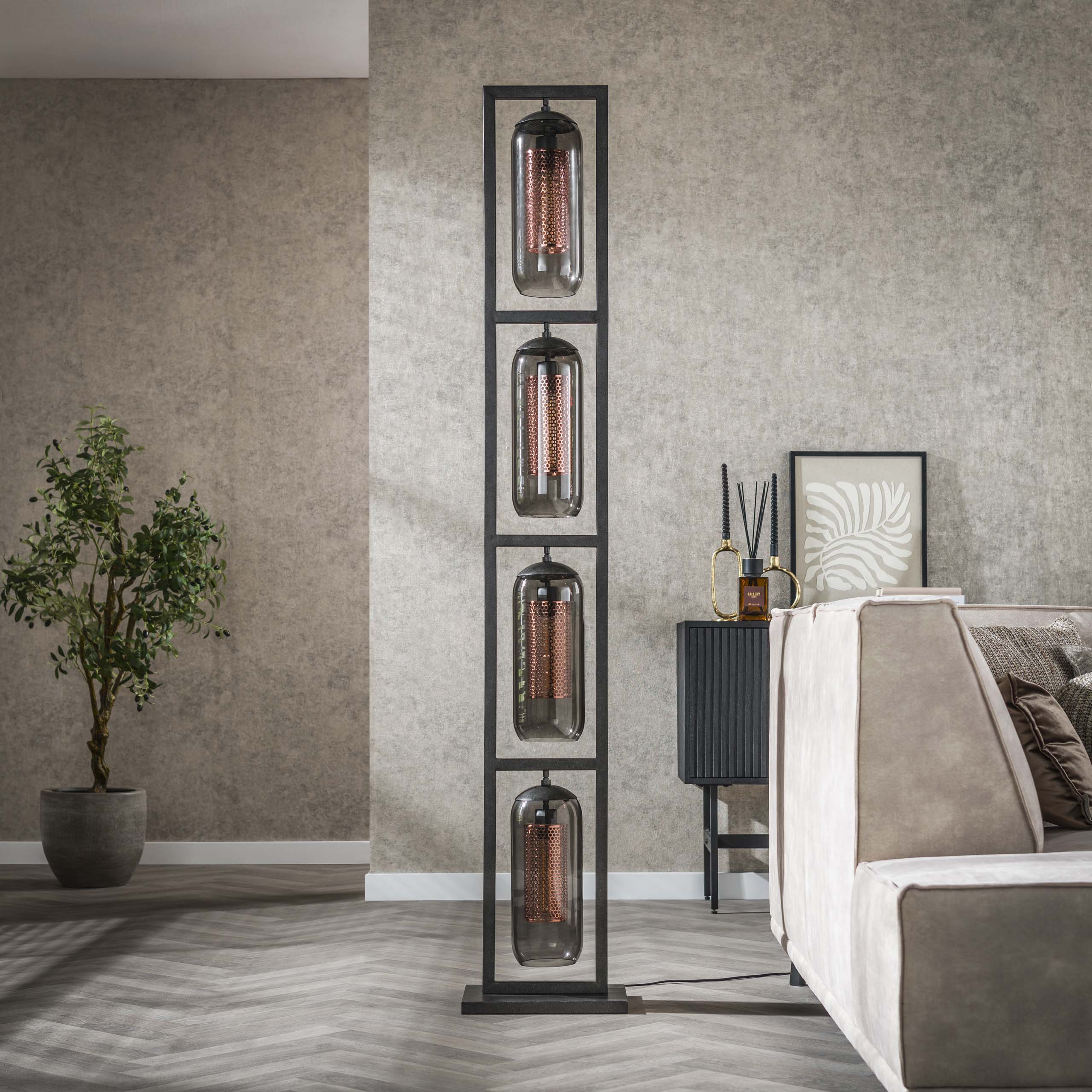 Floor lamp 4L tower smoke glass-perforated steel / Artic black