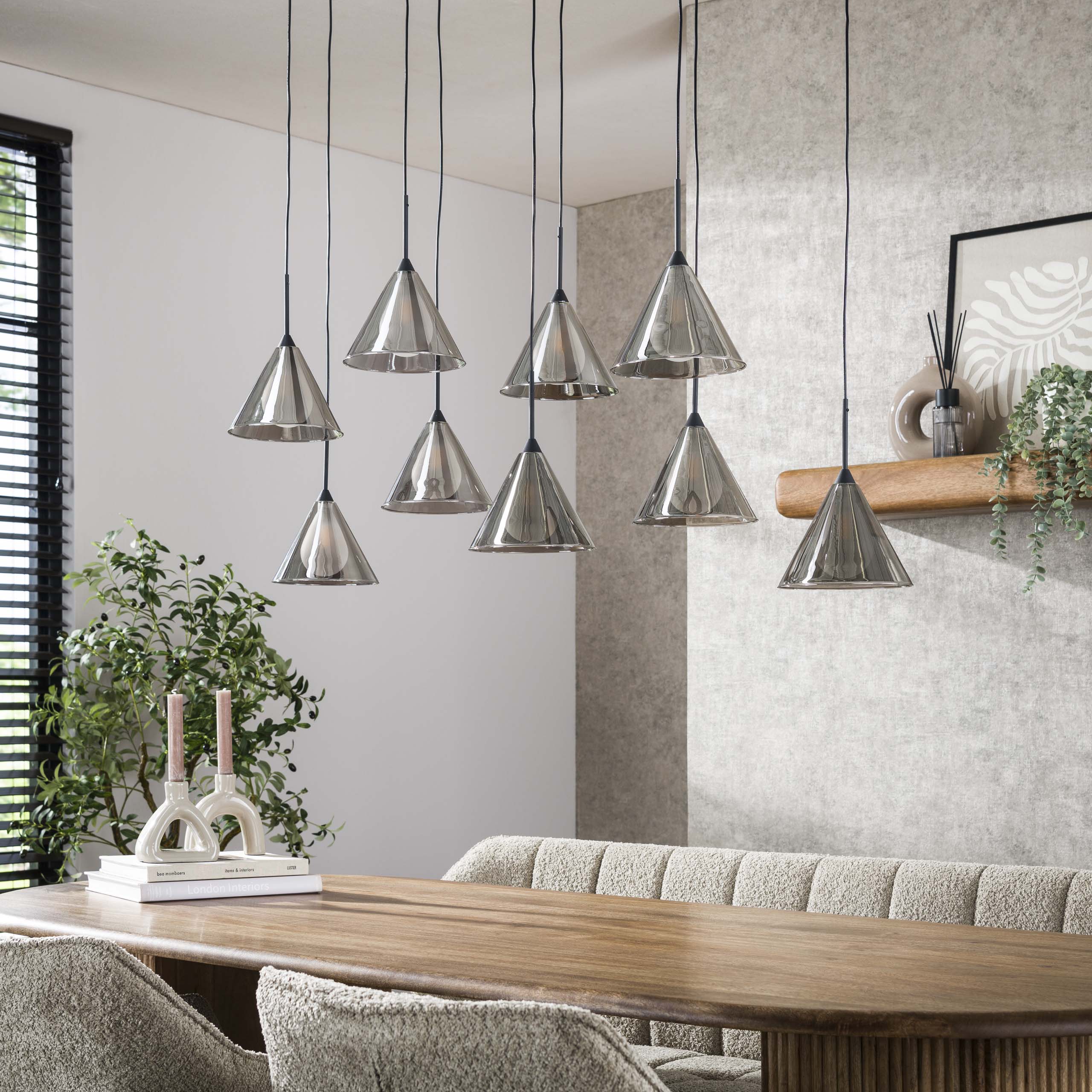 Hanging lamp 5+4 tapered shade glass (G9) / Smoke gray glass