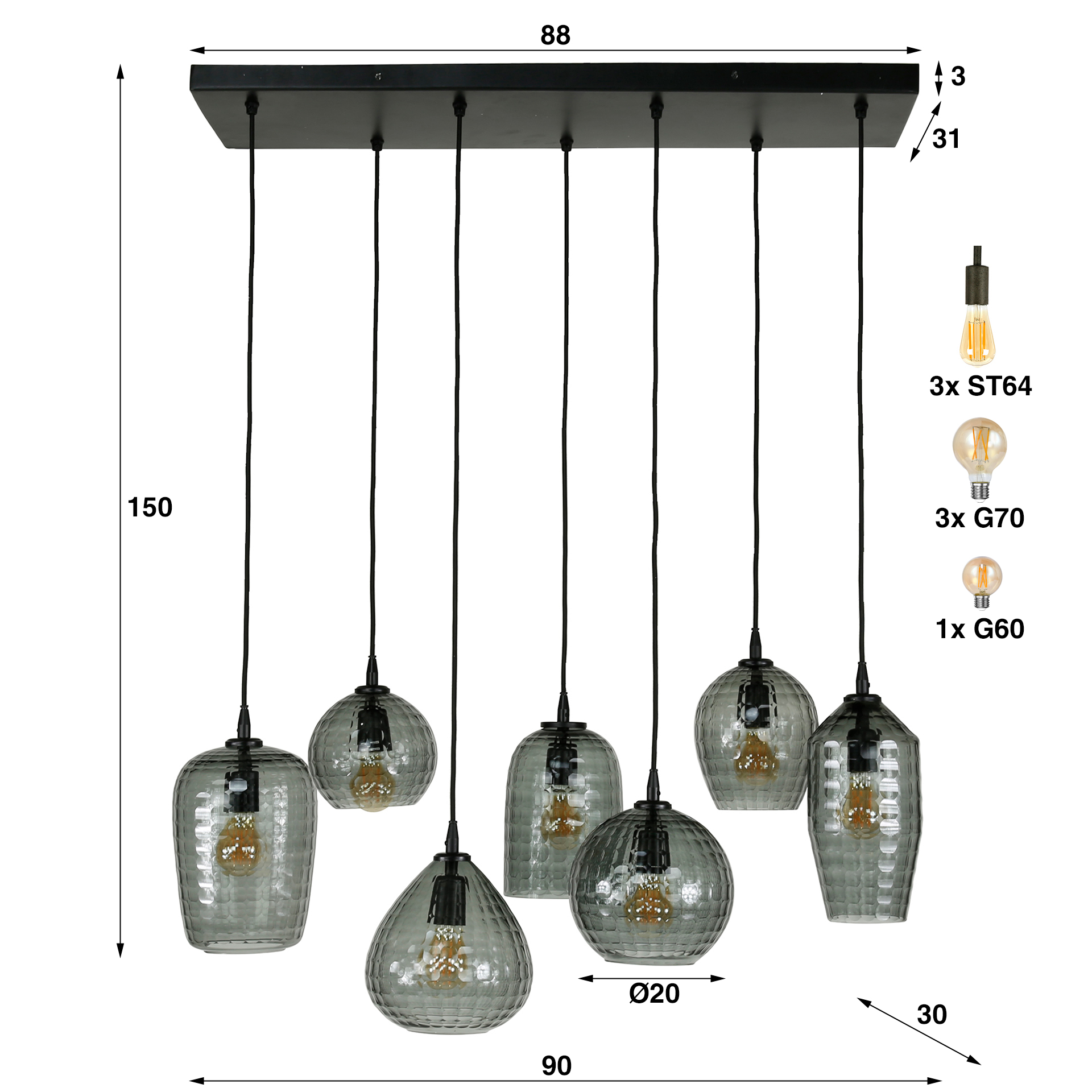 Hanging lamp Hexagon 4+3 lights - Smoke gray glass