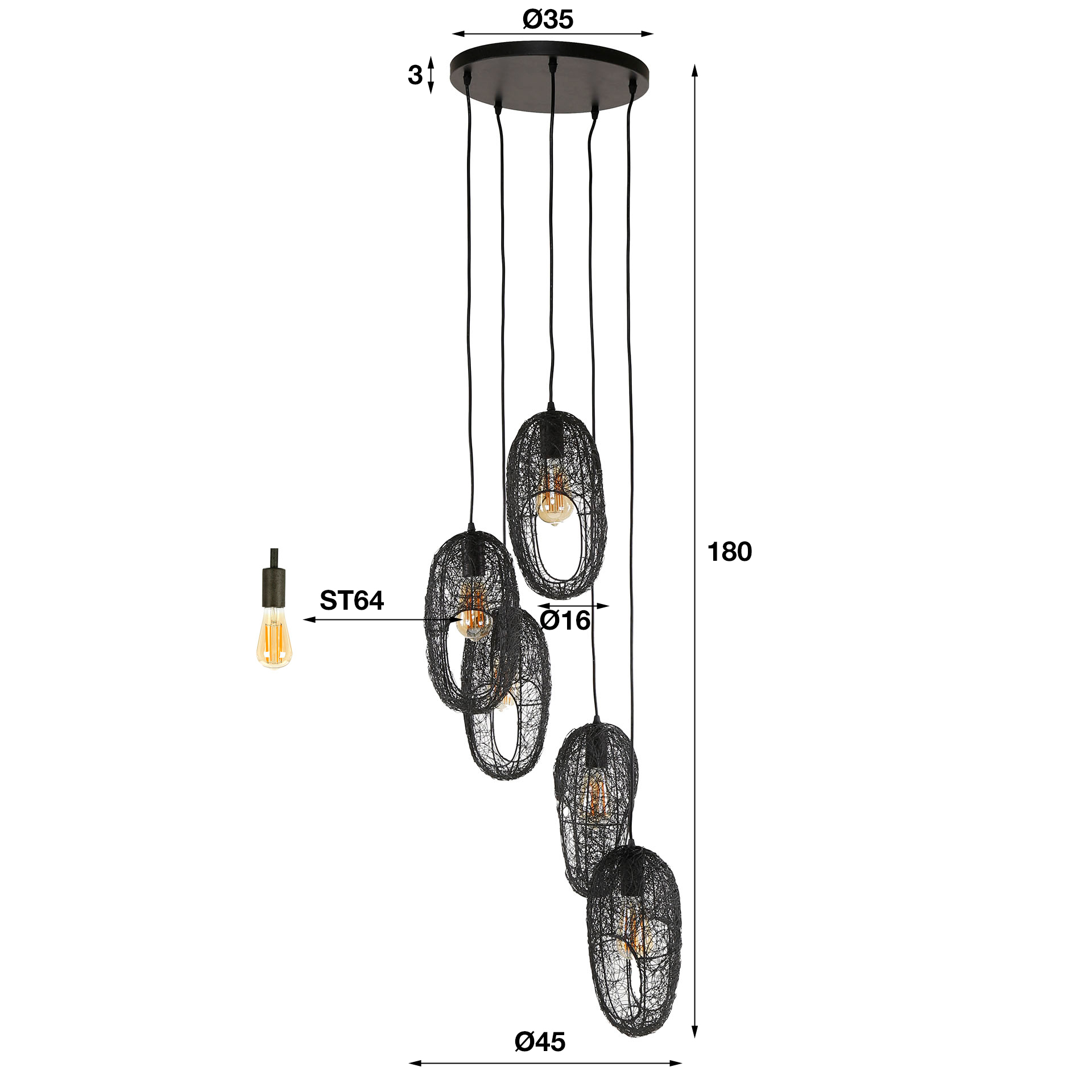 Hanging lamp 5L open eye wire / Artic black