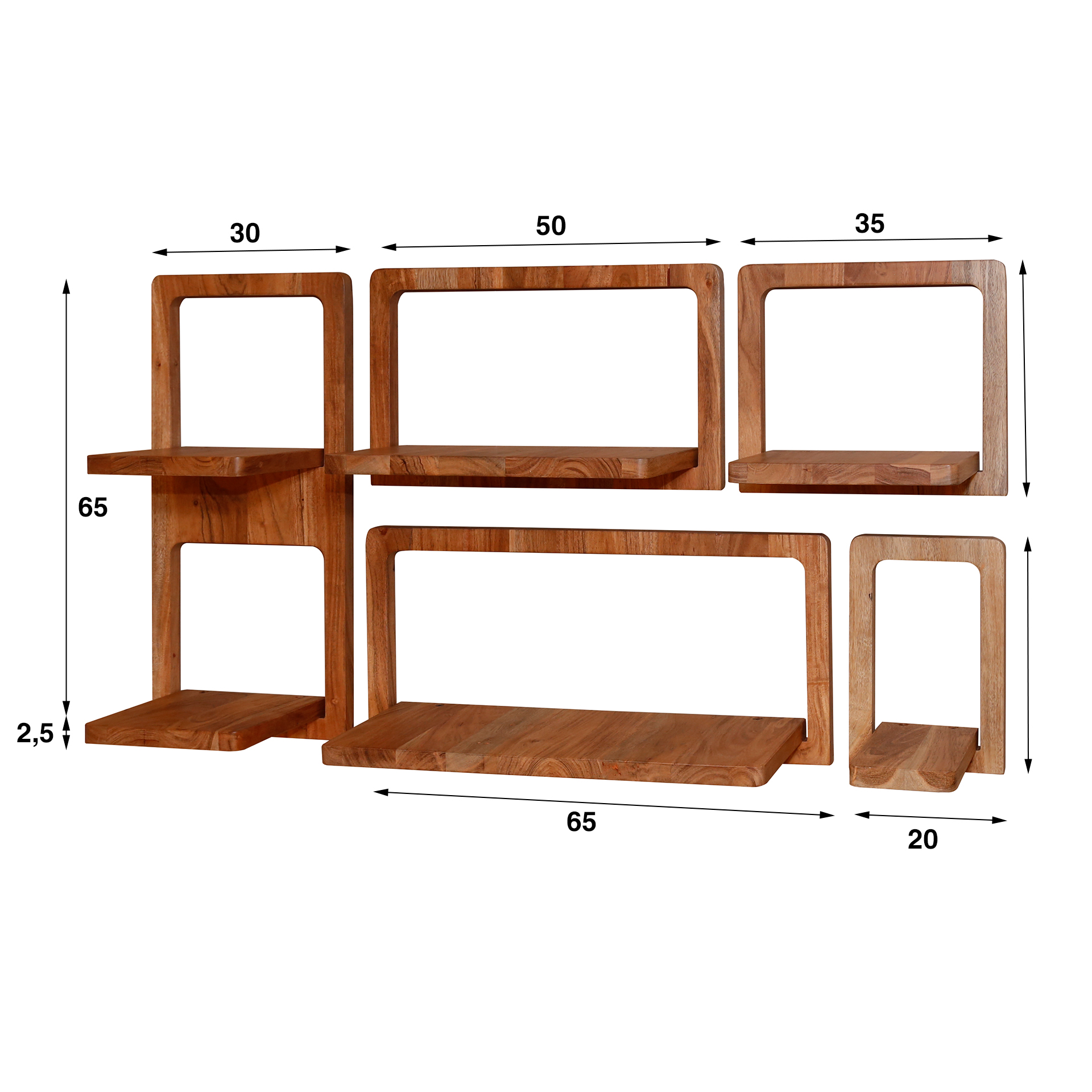 Wall shelf set/5 curvy / Solid acacia natural