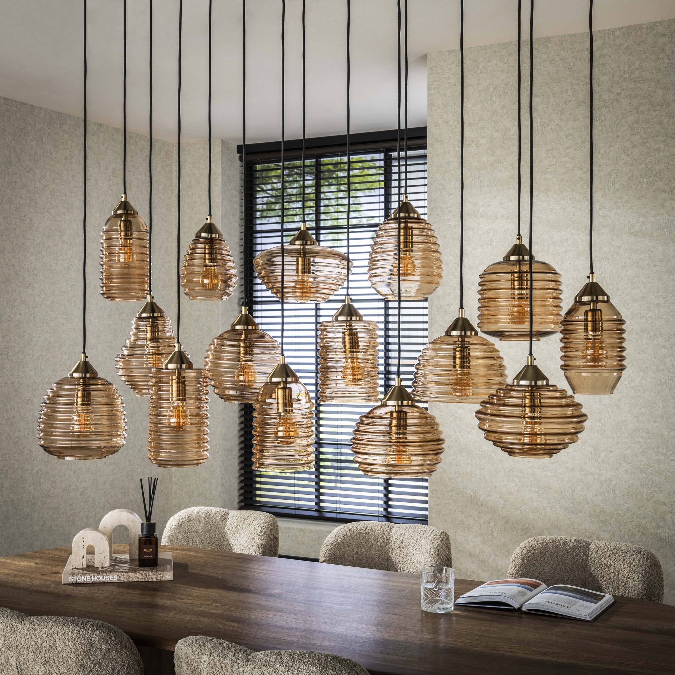 Hanging lamp Rib Glass 15-lights - Amber glass