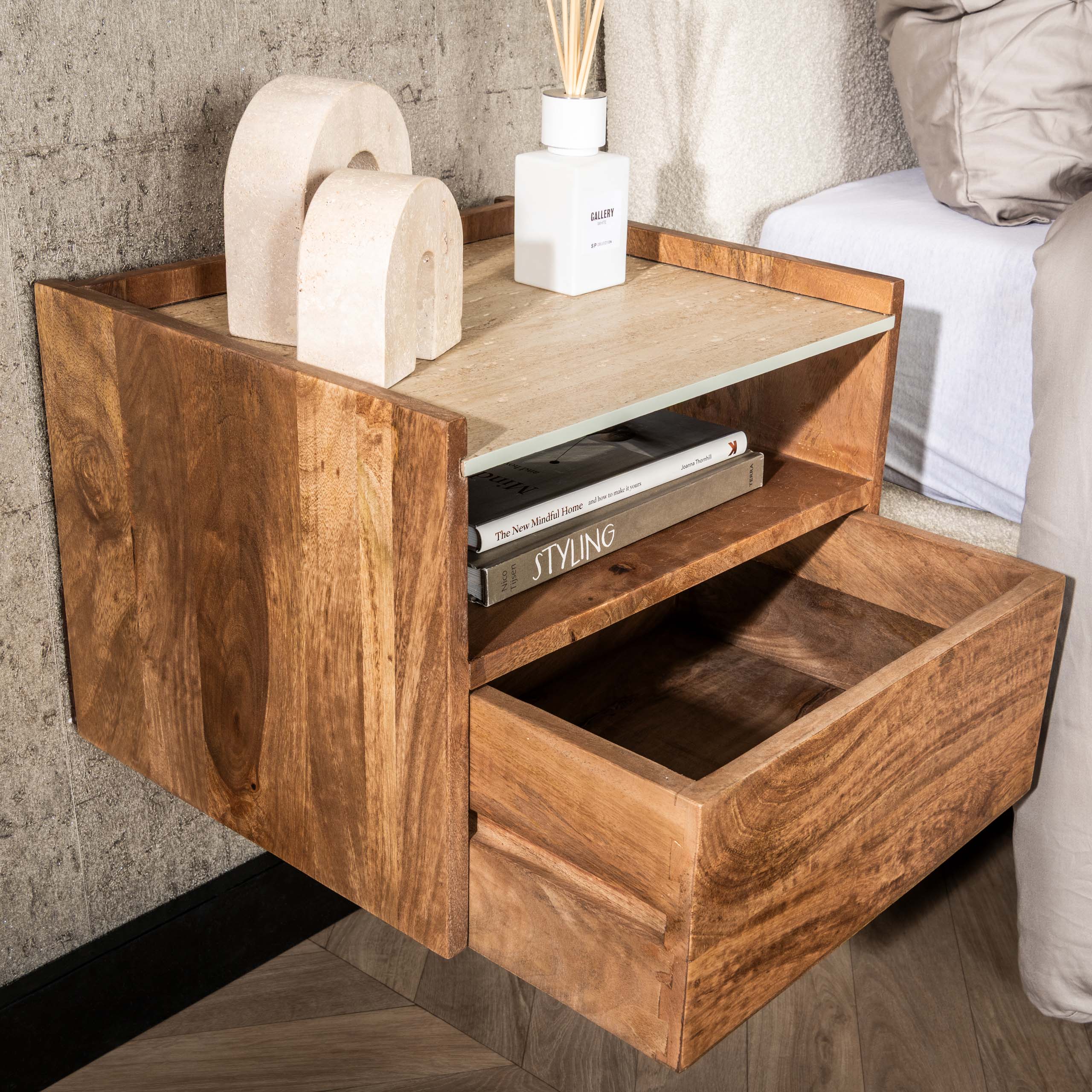 Nuovo floating bedside table - 1 drawer - Solid mango sand color