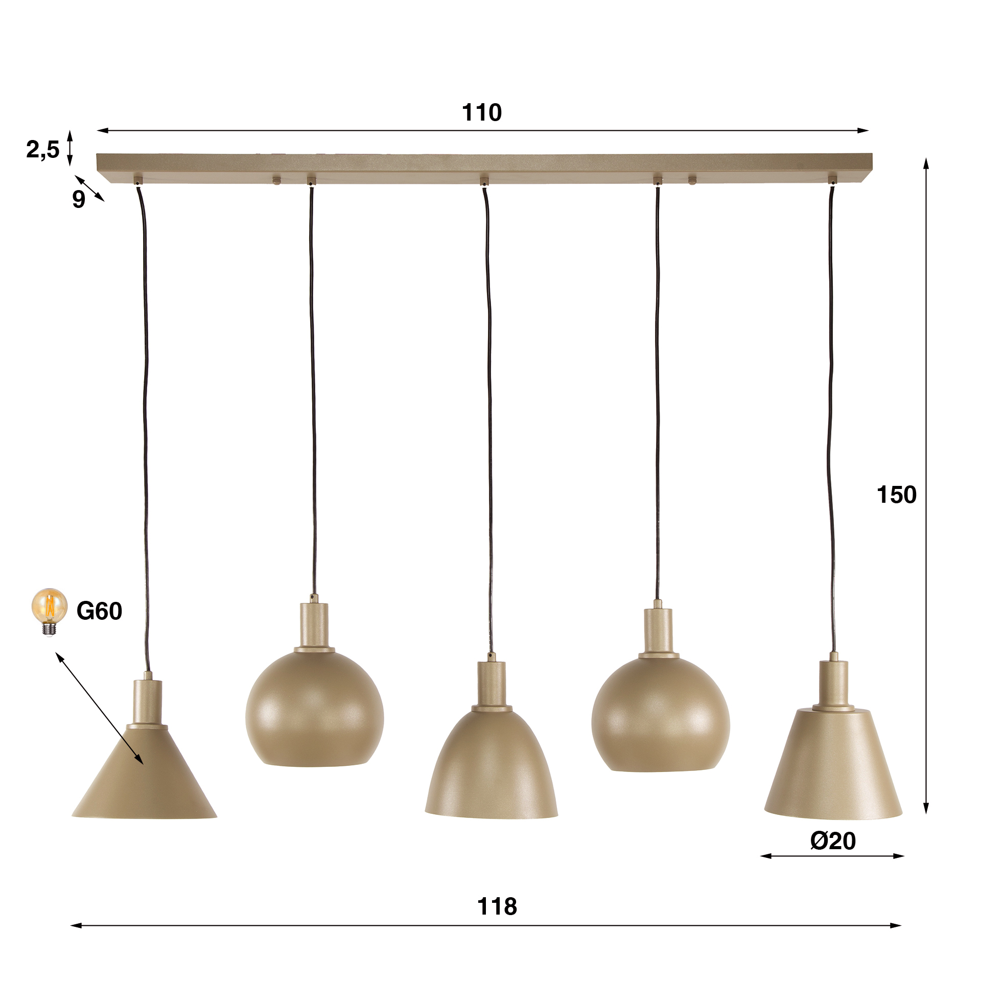 Hanging lamp Metallo 5-light - Beige