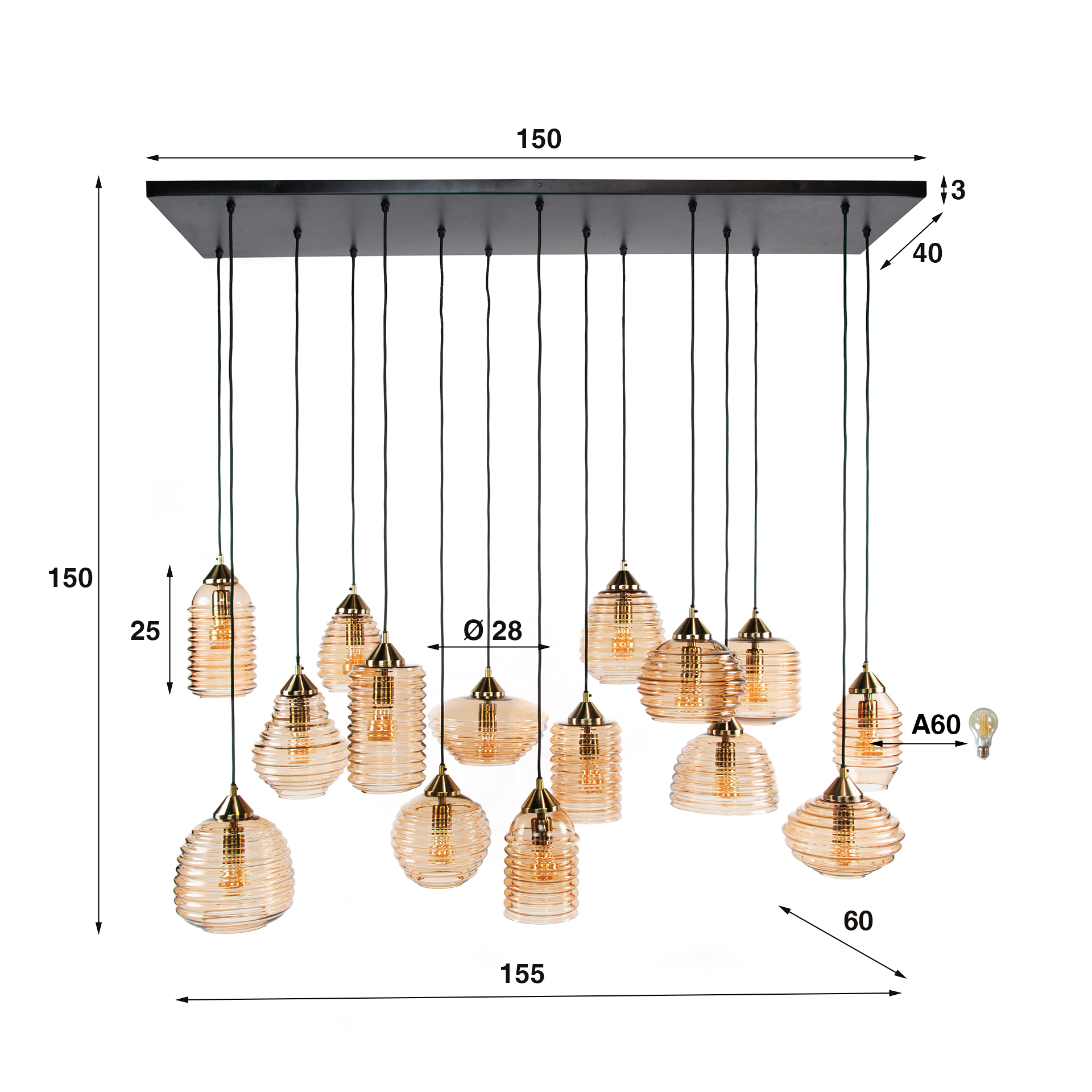 Hanging lamp Rib Glass 15-lights - Amber glass