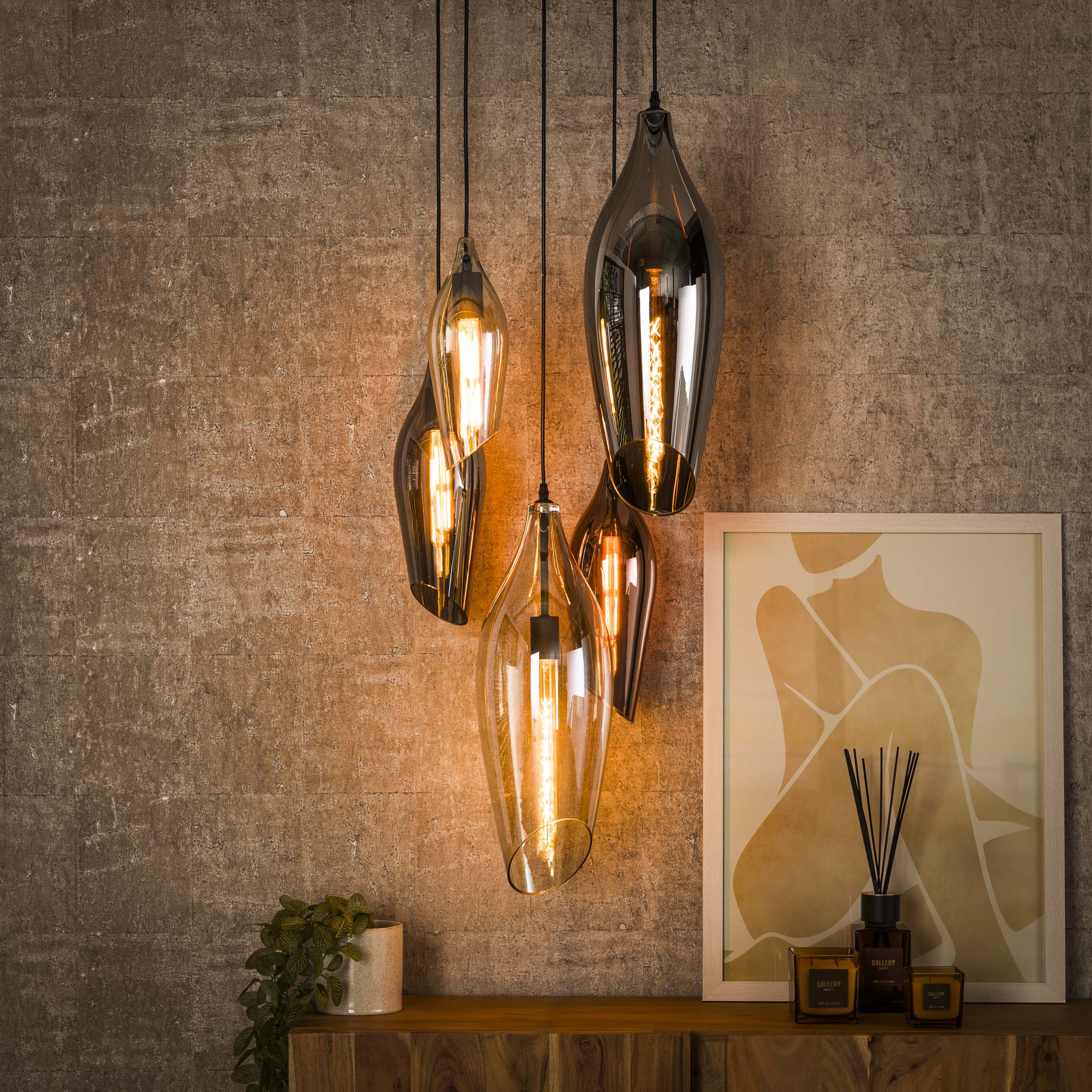 Lámpara colgante 5L escalonada cocoon mix cristal/ Negro