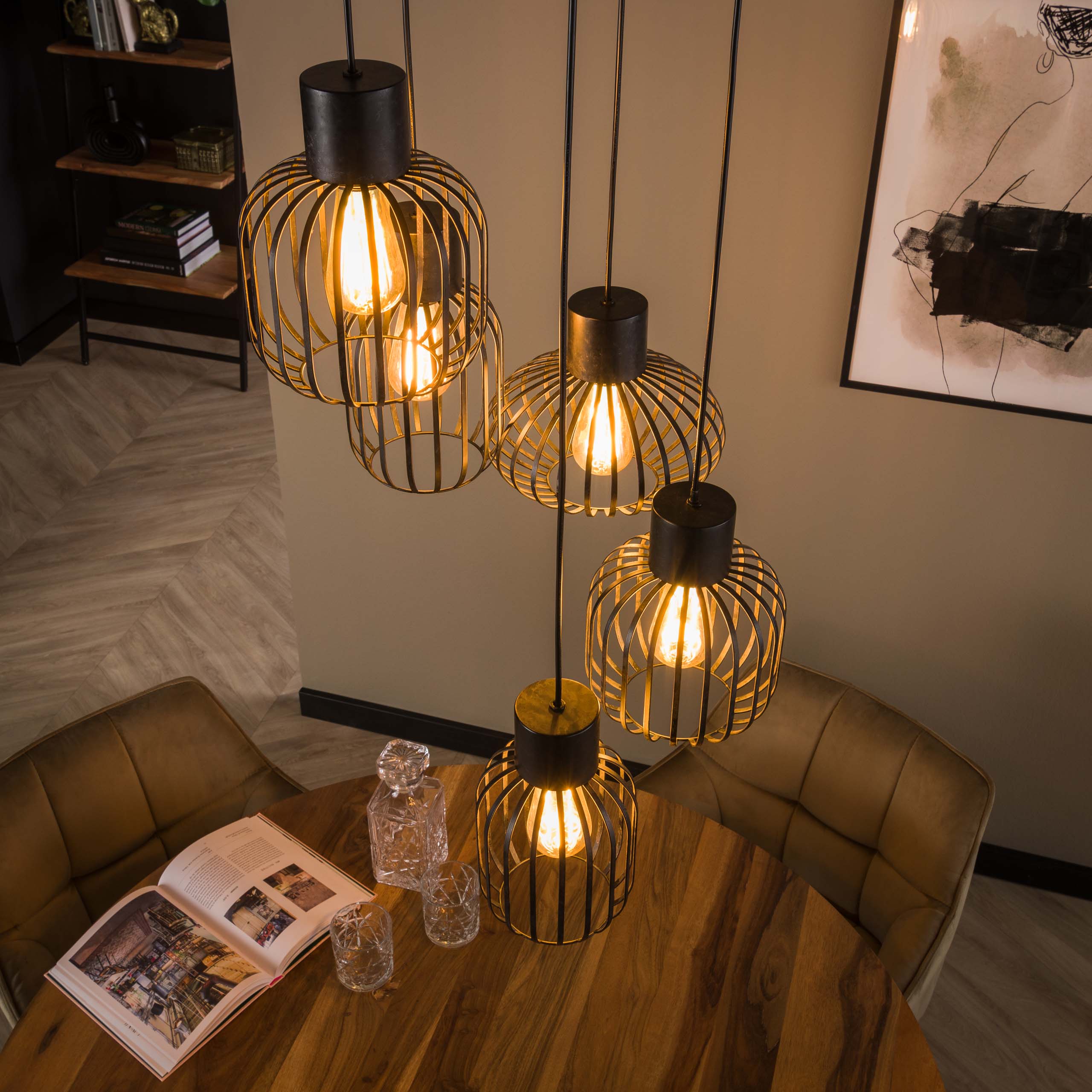 Lámpara colgante 5L escalonada mix metal / Carbón