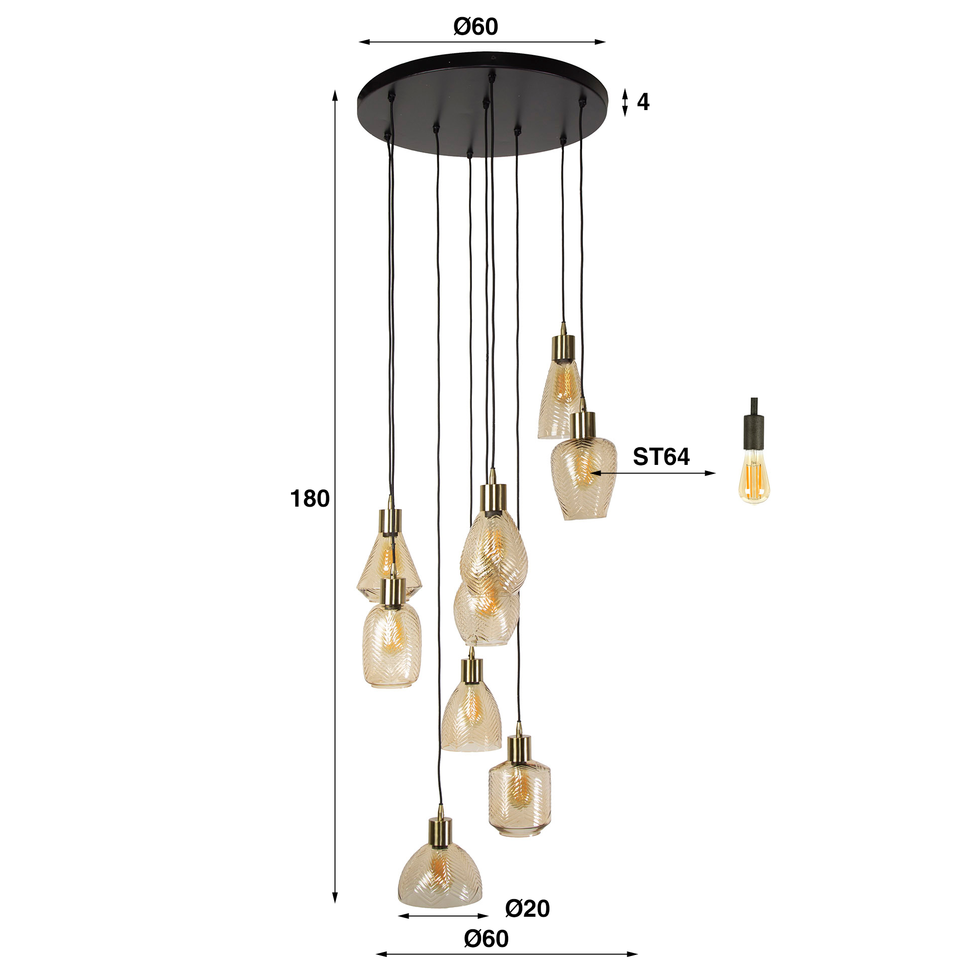 Hanging lamp 9L leaf stepped / Amber-colored glass