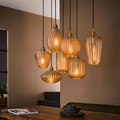 Hanging lamp 4+3 V-shape pattern mix / Amber-colored glass