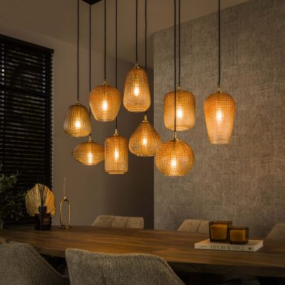 Hanging lamp 5+4 dot pattern / Amber-colored glass